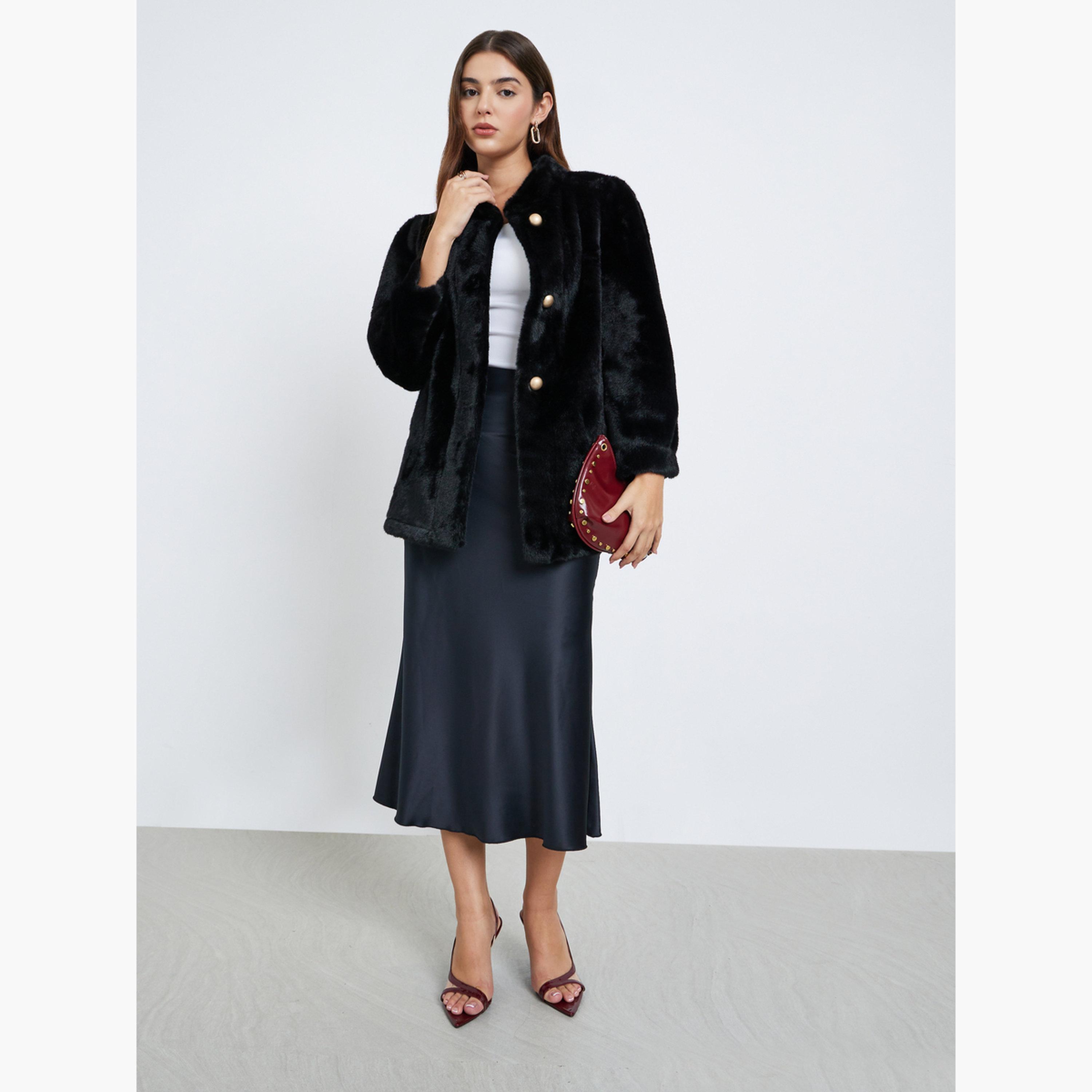 ستايلي - معطف طويل من الفرو الصناعي باللون الأسود للنساء -women-winterwear-coatsandjackets-coats-image-2