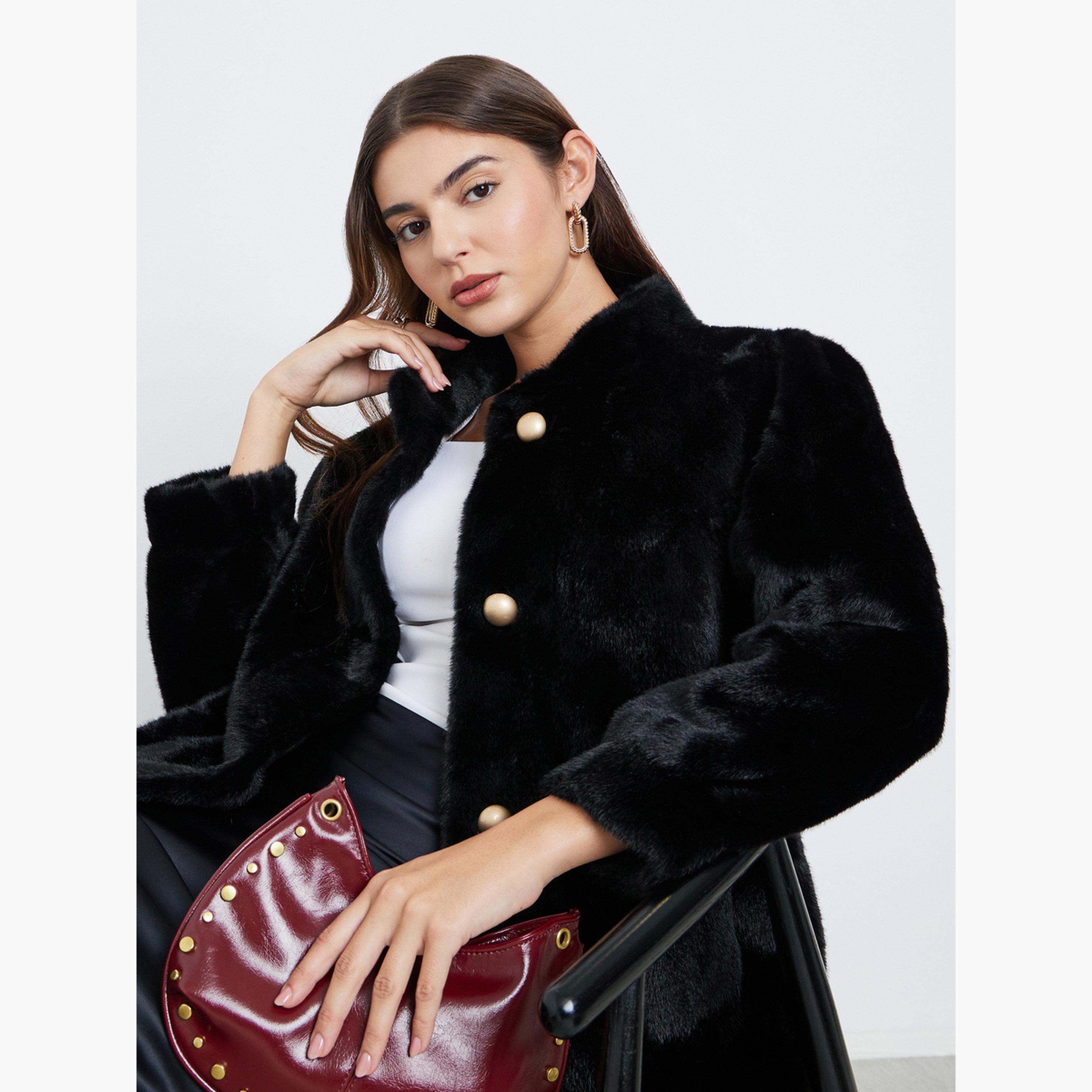 ستايلي - معطف طويل من الفرو الصناعي باللون الأسود للنساء -women-winterwear-coatsandjackets-coats-image-3