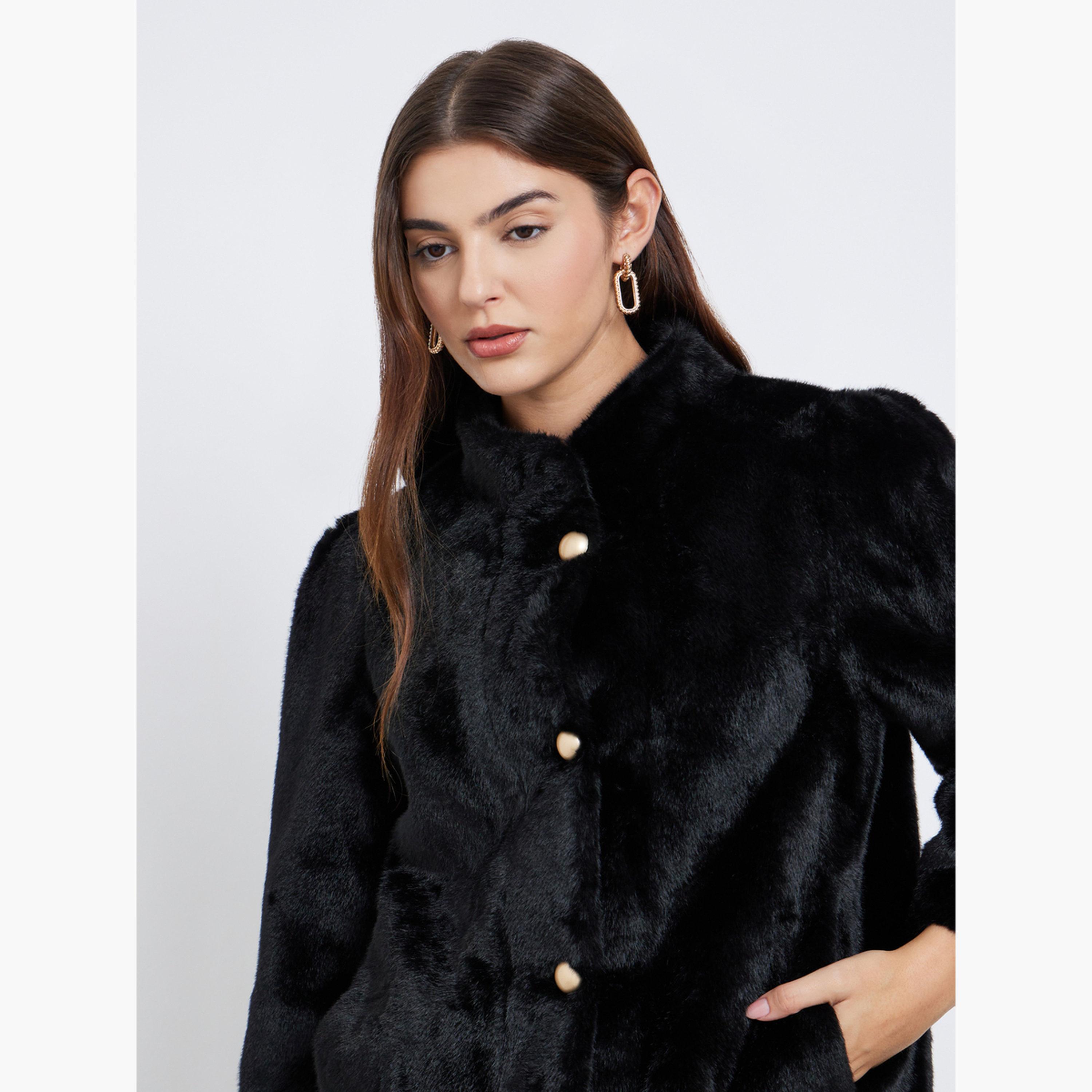 ستايلي - معطف طويل من الفرو الصناعي باللون الأسود للنساء -women-winterwear-coatsandjackets-coats-image-4