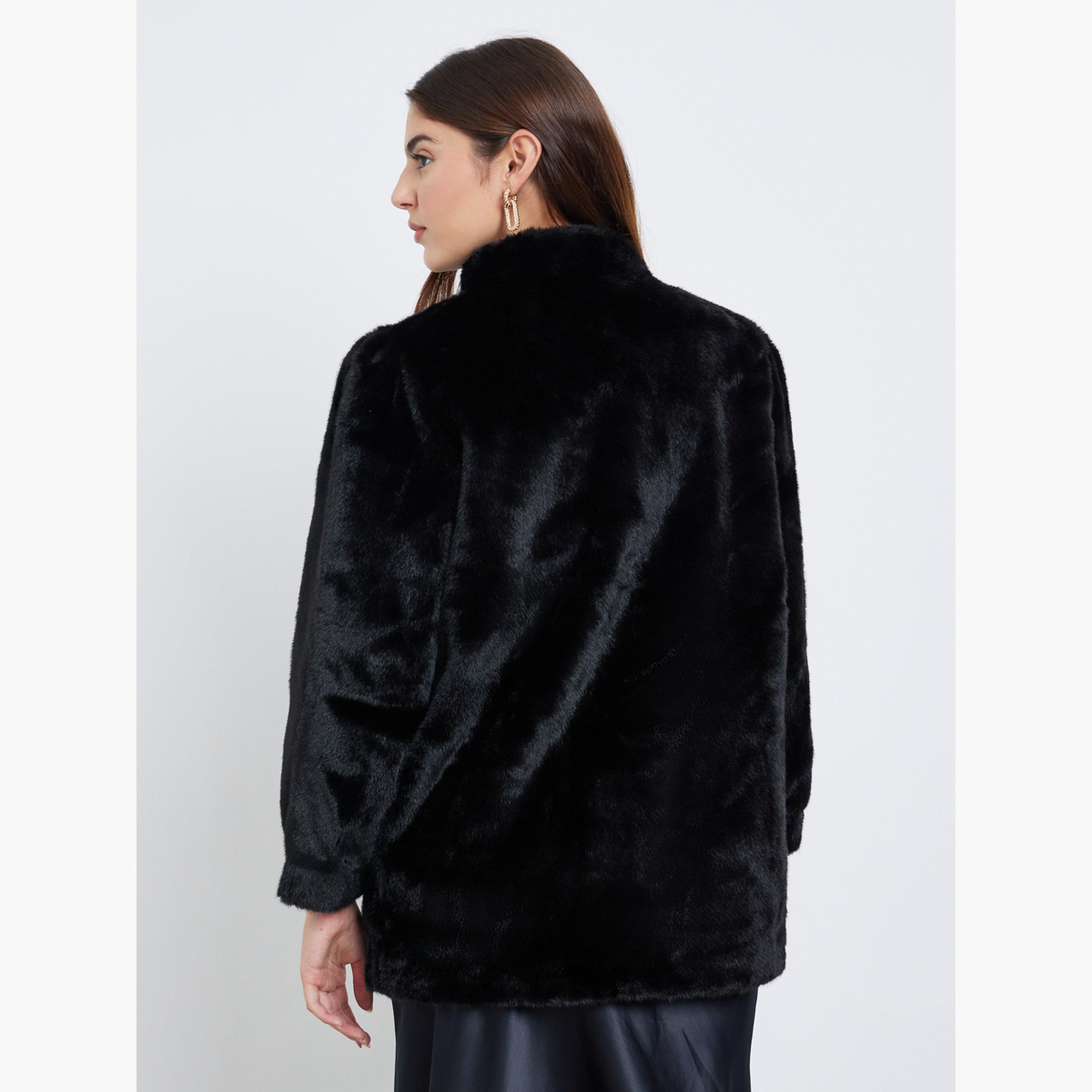 ستايلي - معطف طويل من الفرو الصناعي باللون الأسود للنساء -women-winterwear-coatsandjackets-coats-image-5
