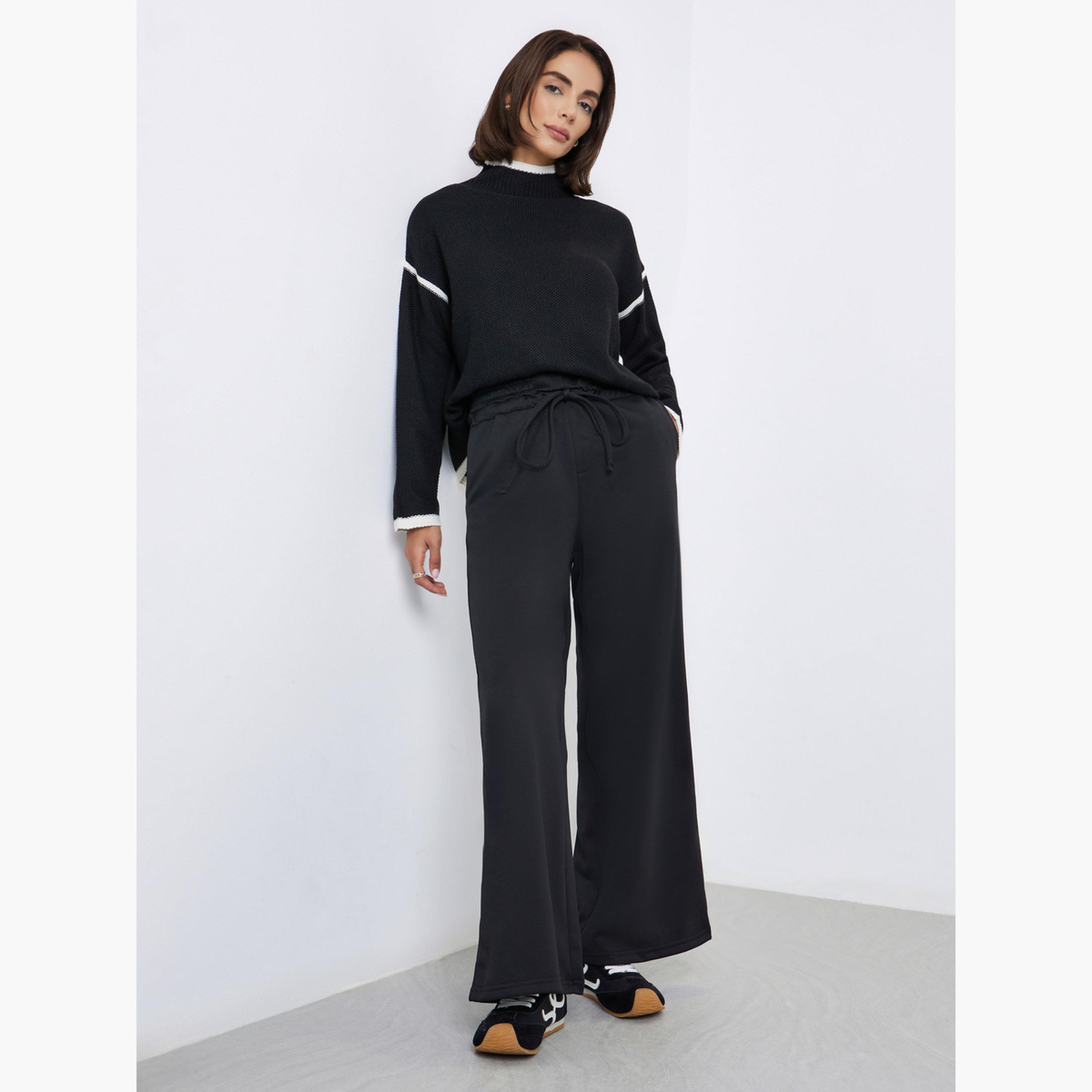 Styli Black Wide Leg Joggers with Tie Detail-women-clothing-bottoms-joggers-image-2
