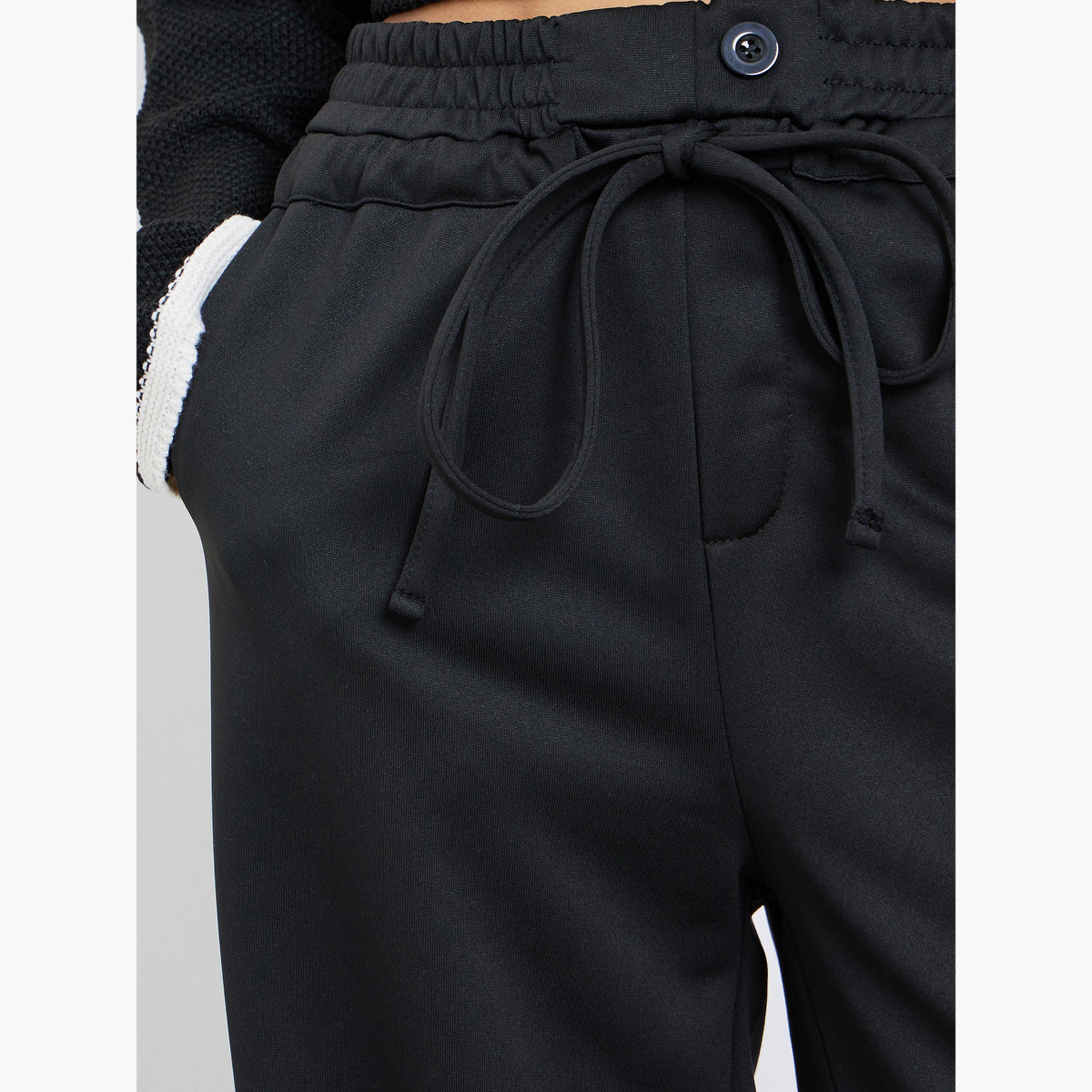 Styli Black Wide Leg Joggers with Tie Detail-women-clothing-bottoms-joggers-image-3