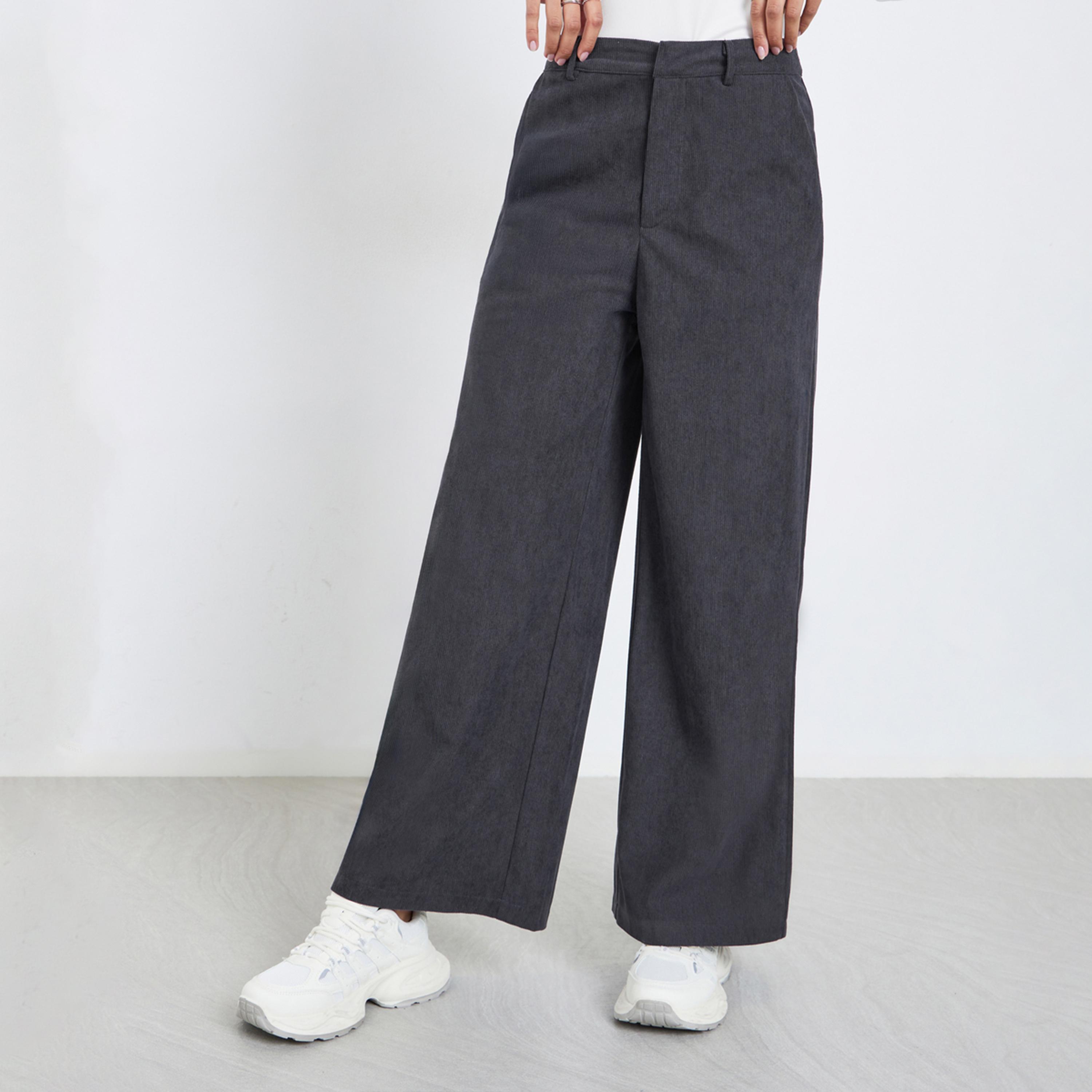Styli Women Charcoal Corduroy Flat Front Wide Leg Pants-women-clothing-bottoms-trousers-image-1