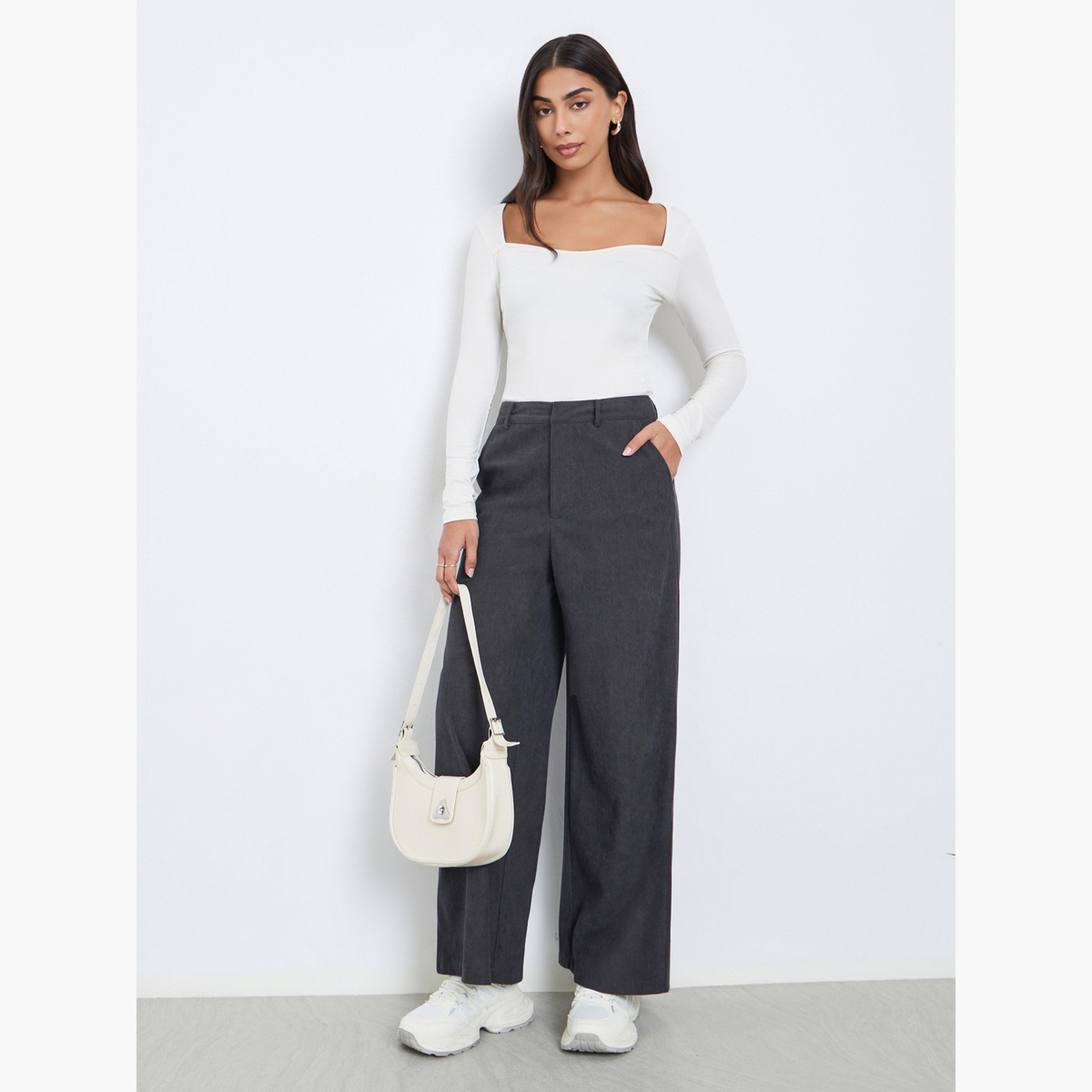 Styli Women Charcoal Corduroy Flat Front Wide Leg Pants-women-clothing-bottoms-trousers-image-2