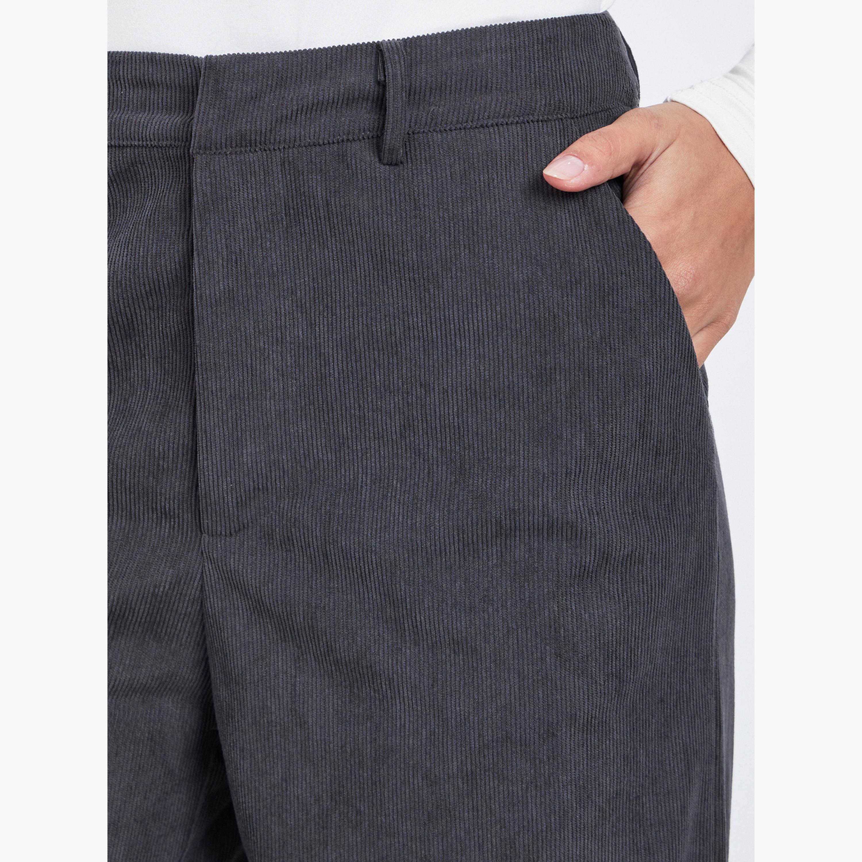 Styli Women Charcoal Corduroy Flat Front Wide Leg Pants-women-clothing-bottoms-trousers-image-3