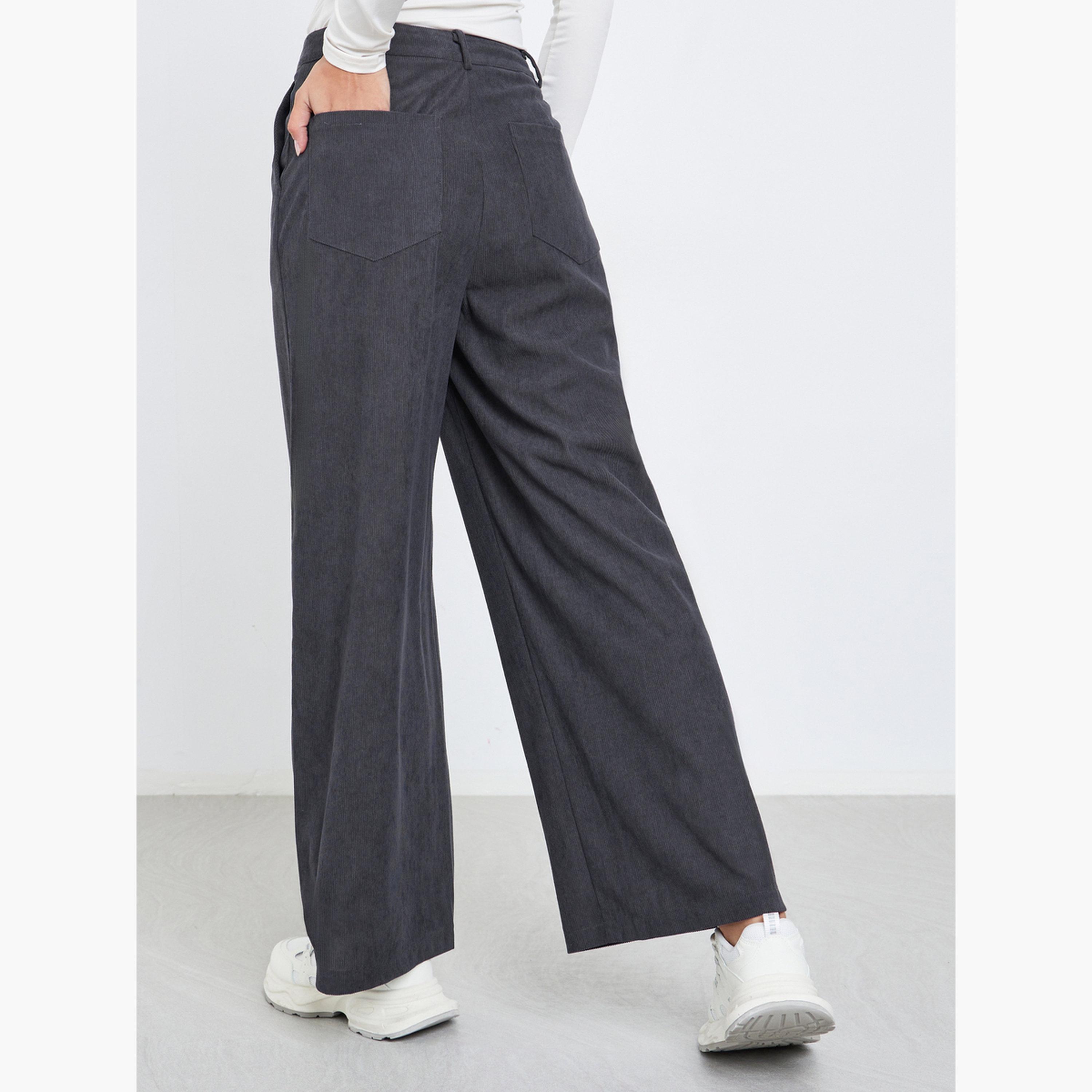 ستايلي - بنطال نسائي واسع الساق من قماش مخملي رمادي داكن-women-clothing-bottoms-trousers-image-4