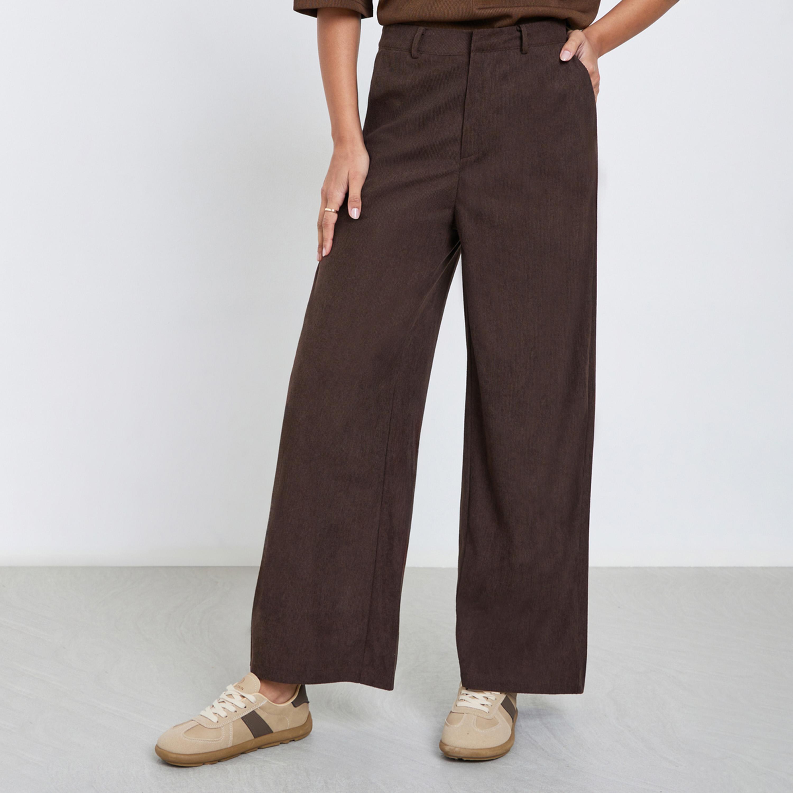 Styli Women Brown Corduroy Flat Front Wide Leg Pants-women-clothing-bottoms-trousers-image-1