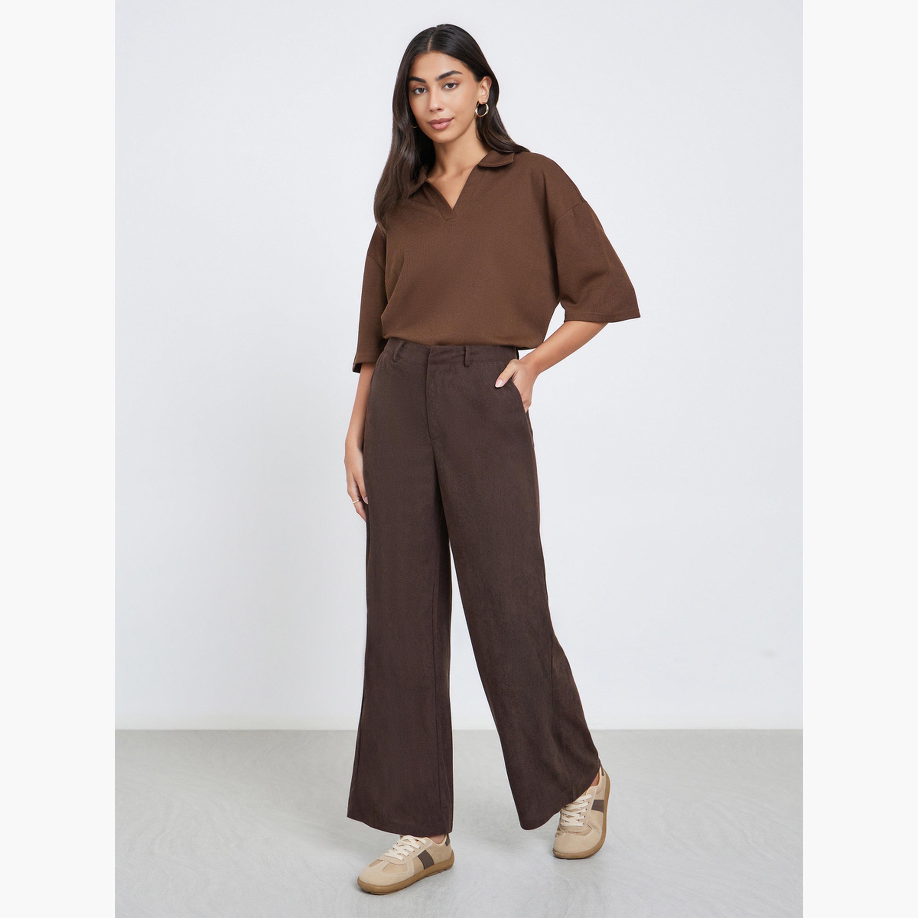 ستايلي - بنطال نسائي بني من قماش مخملي واسع من الأمام-women-clothing-bottoms-trousers-image-2