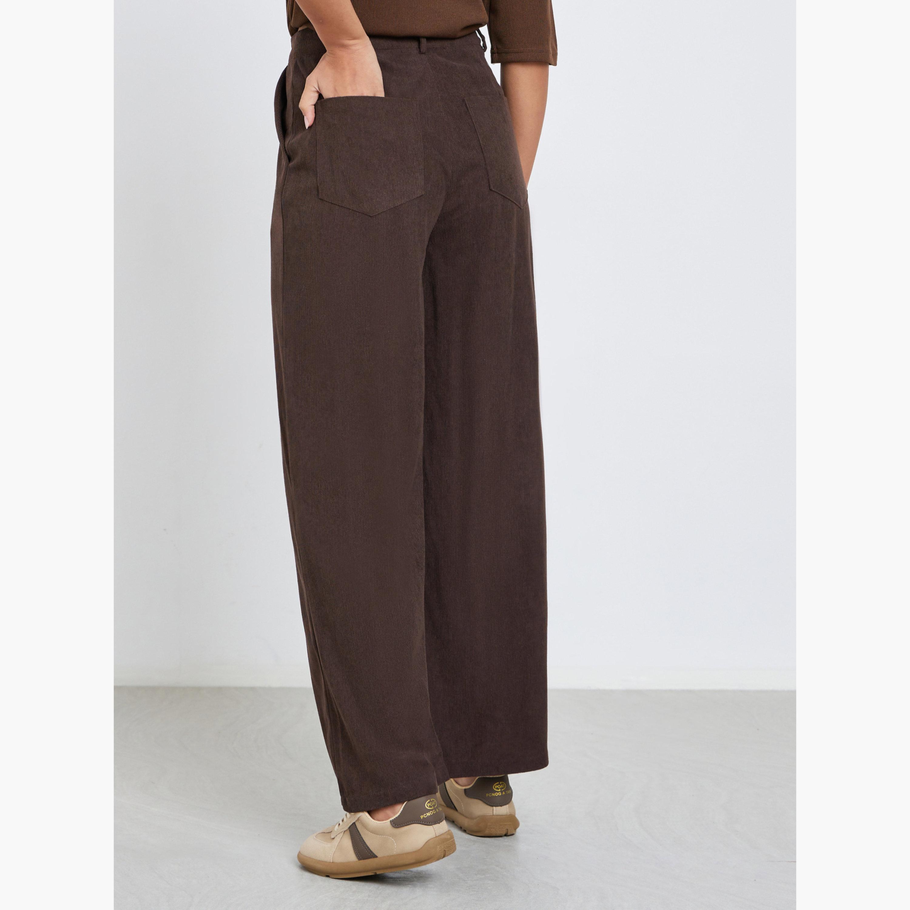 Styli Women Brown Corduroy Flat Front Wide Leg Pants-women-clothing-bottoms-trousers-image-4