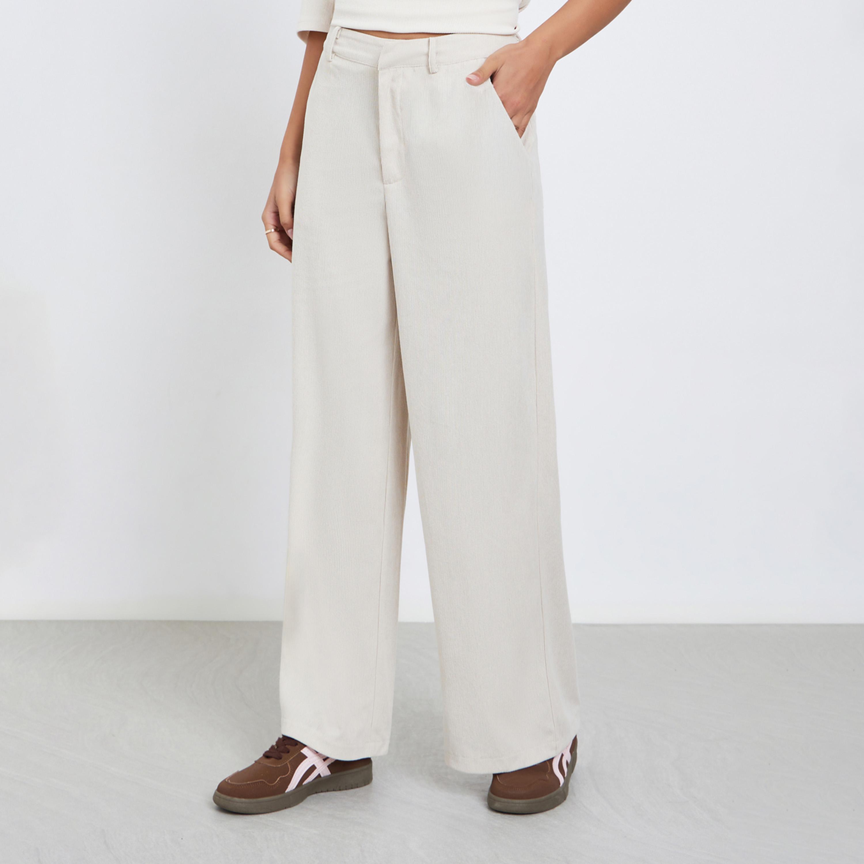 ستايلي - بنطال نسائي واسع الساق من قماش مخملي كريمي مسطح من الأمام-women-clothing-bottoms-trousers-image-1