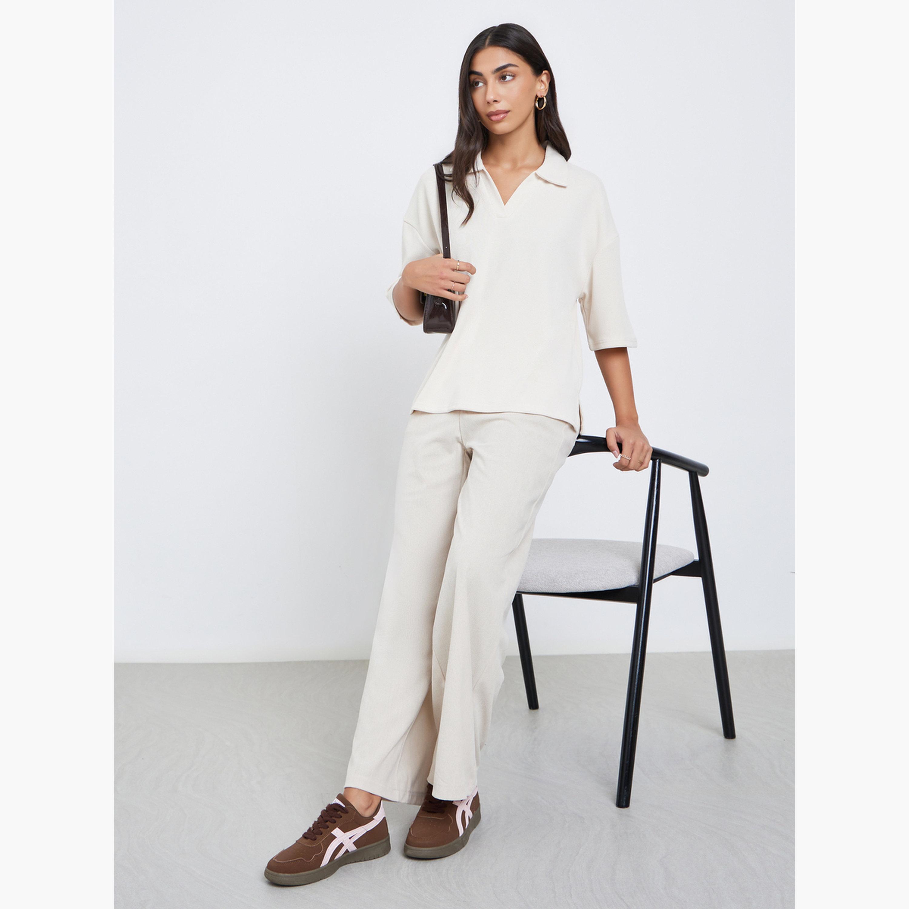 ستايلي - بنطال نسائي واسع الساق من قماش مخملي كريمي مسطح من الأمام-women-clothing-bottoms-trousers-image-2