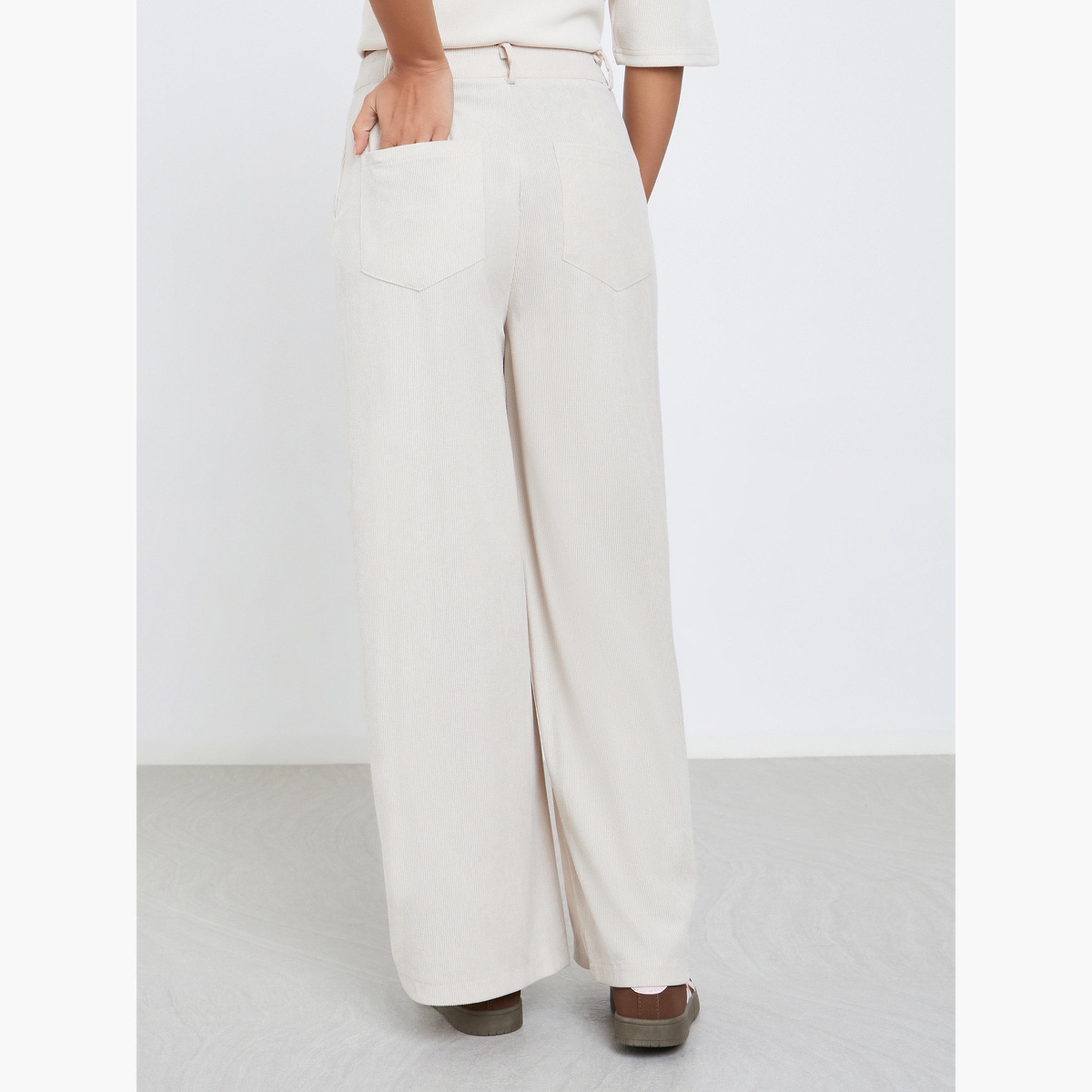 ستايلي - بنطال نسائي واسع الساق من قماش مخملي كريمي مسطح من الأمام-women-clothing-bottoms-trousers-image-4