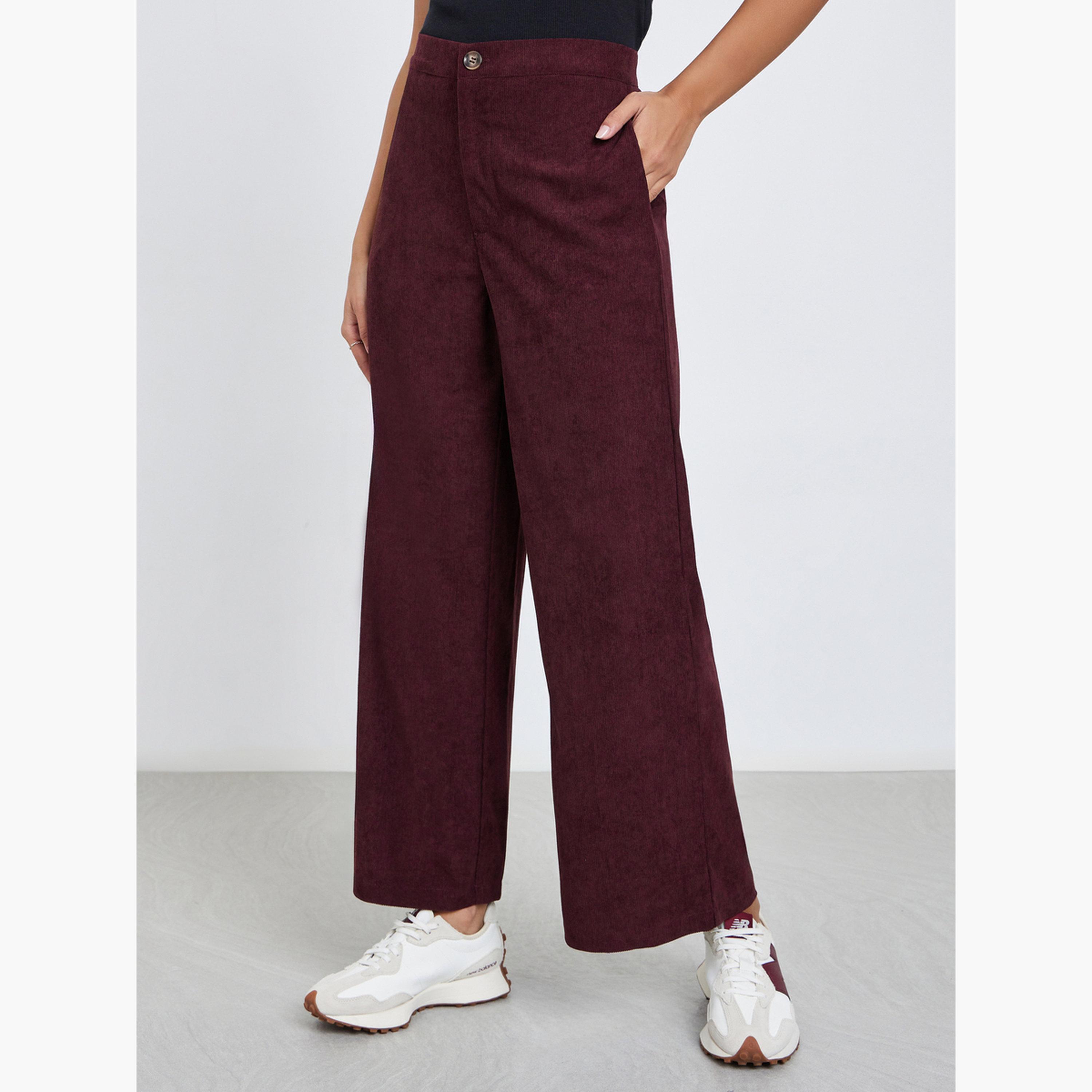ستايلي - بنطال واسع الساق من قماش مخملي برغندي للنساء-women-clothing-bottoms-trousers-image-1