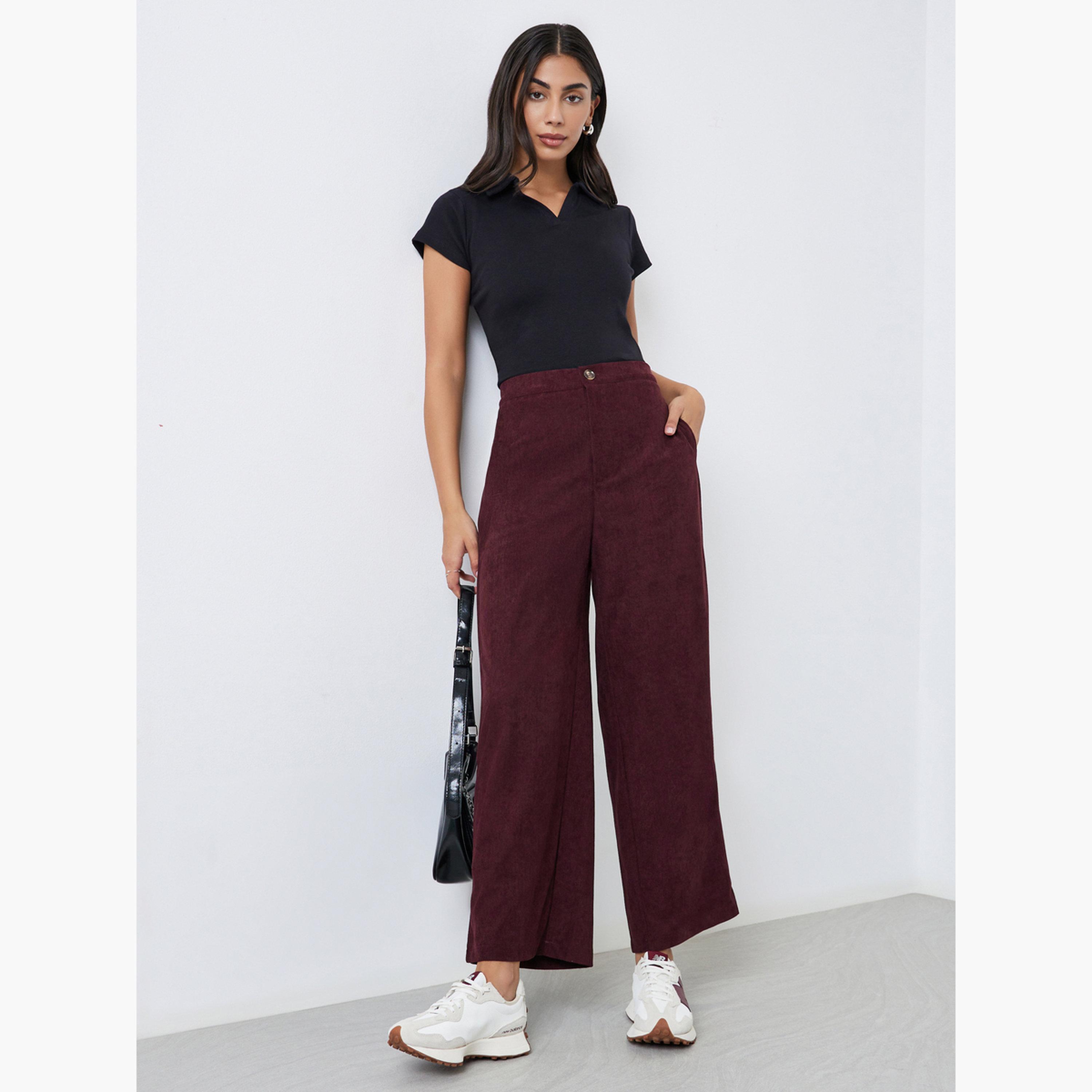 ستايلي - بنطال واسع الساق من قماش مخملي برغندي للنساء-women-clothing-bottoms-trousers-image-2