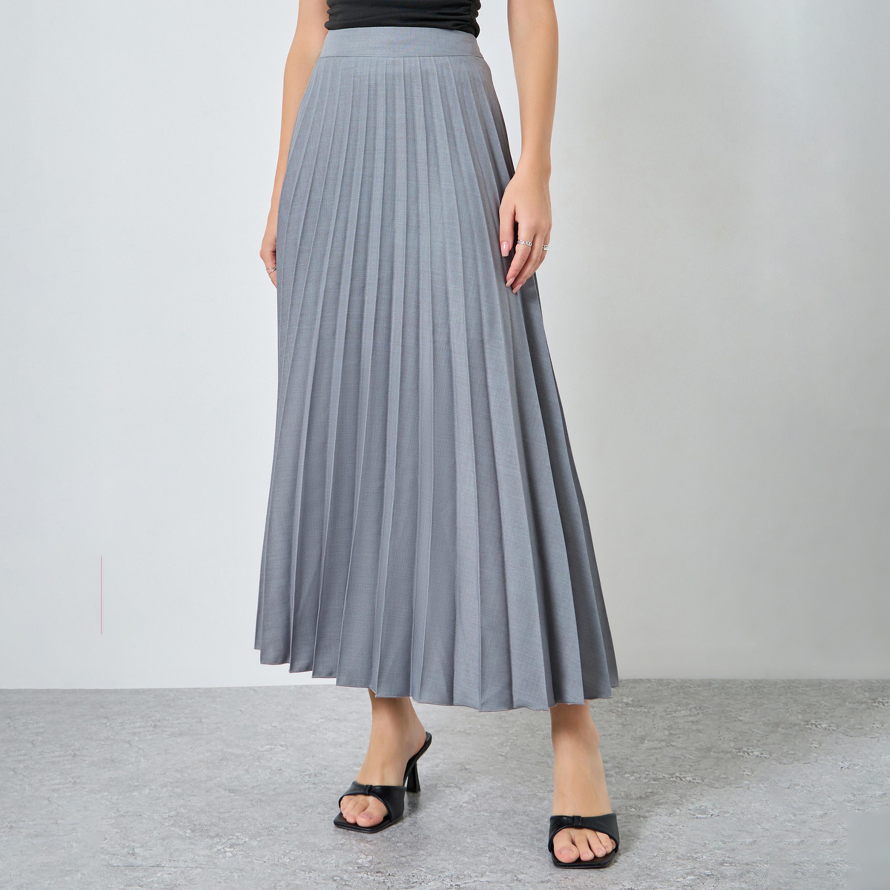 Styli Grey Slubbed Twill Pleated A-Line Maxi Skirt-women-clothing-bottoms-skirts-image-1
