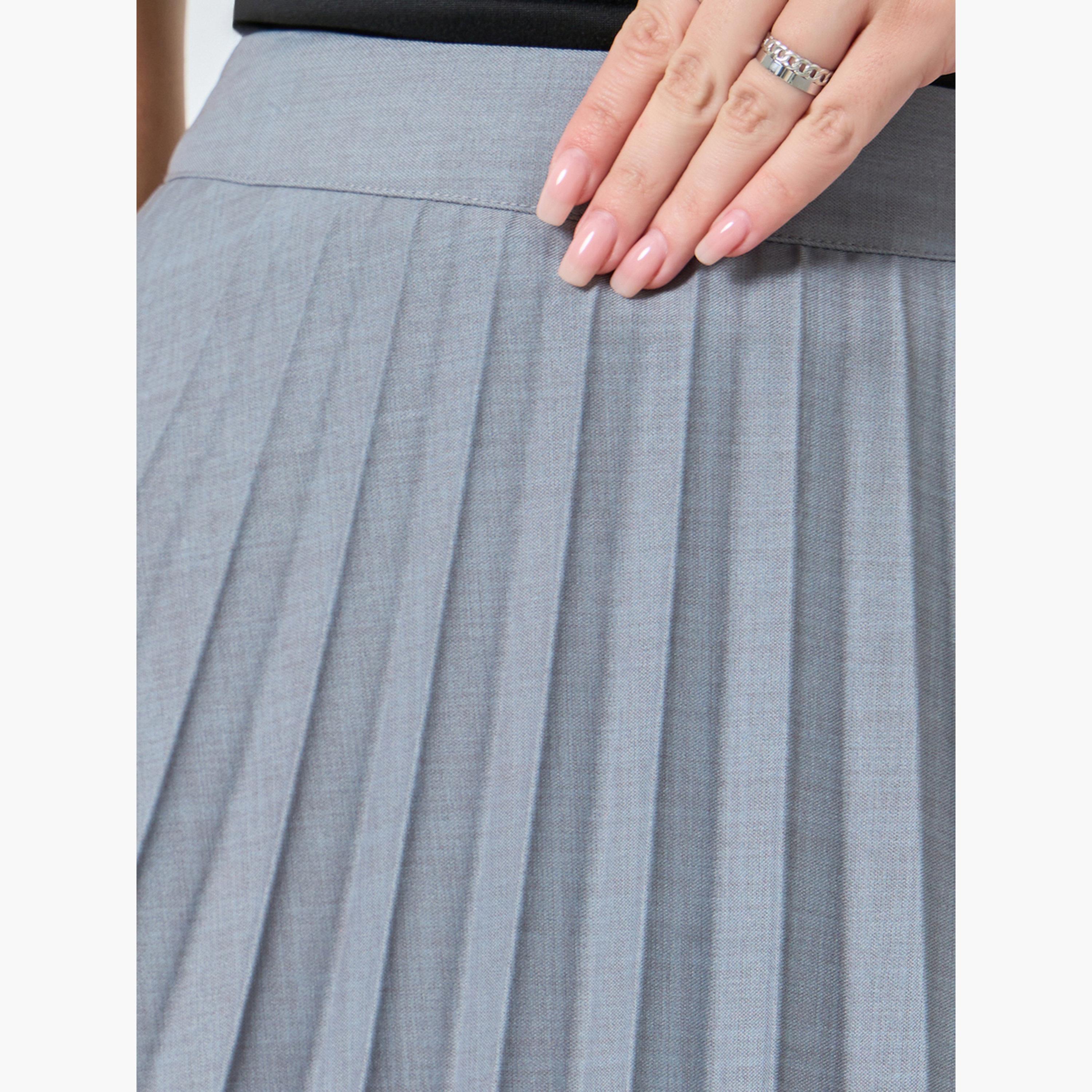 Styli Grey Slubbed Twill Pleated A-Line Maxi Skirt-women-clothing-bottoms-skirts-image-3