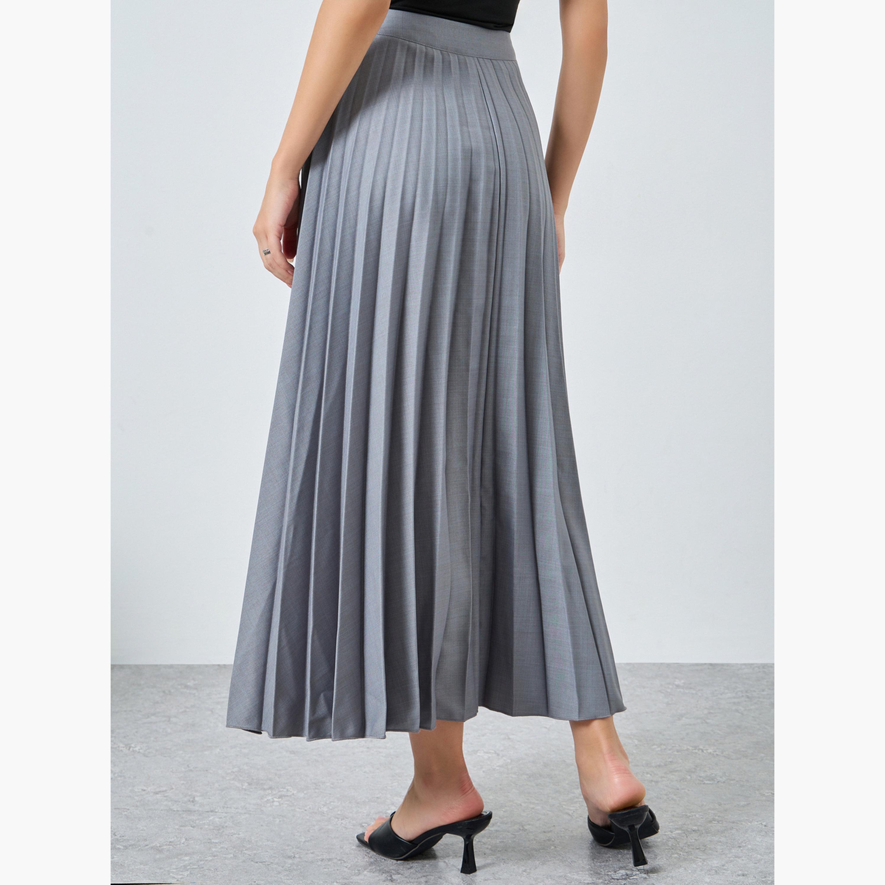 Styli Grey Slubbed Twill Pleated A-Line Maxi Skirt-women-clothing-bottoms-skirts-image-4