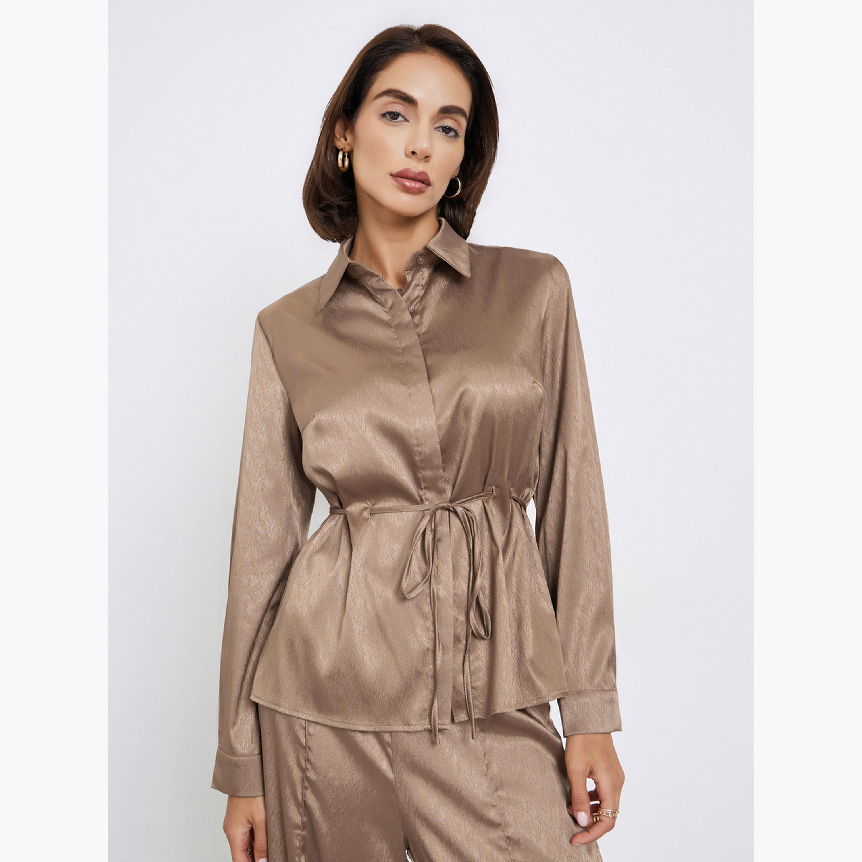 ستايلي - قميص ساتان جاكار بني مع خيط ربطة عنق-women-clothing-shirtsandblouses-shirts-image-1