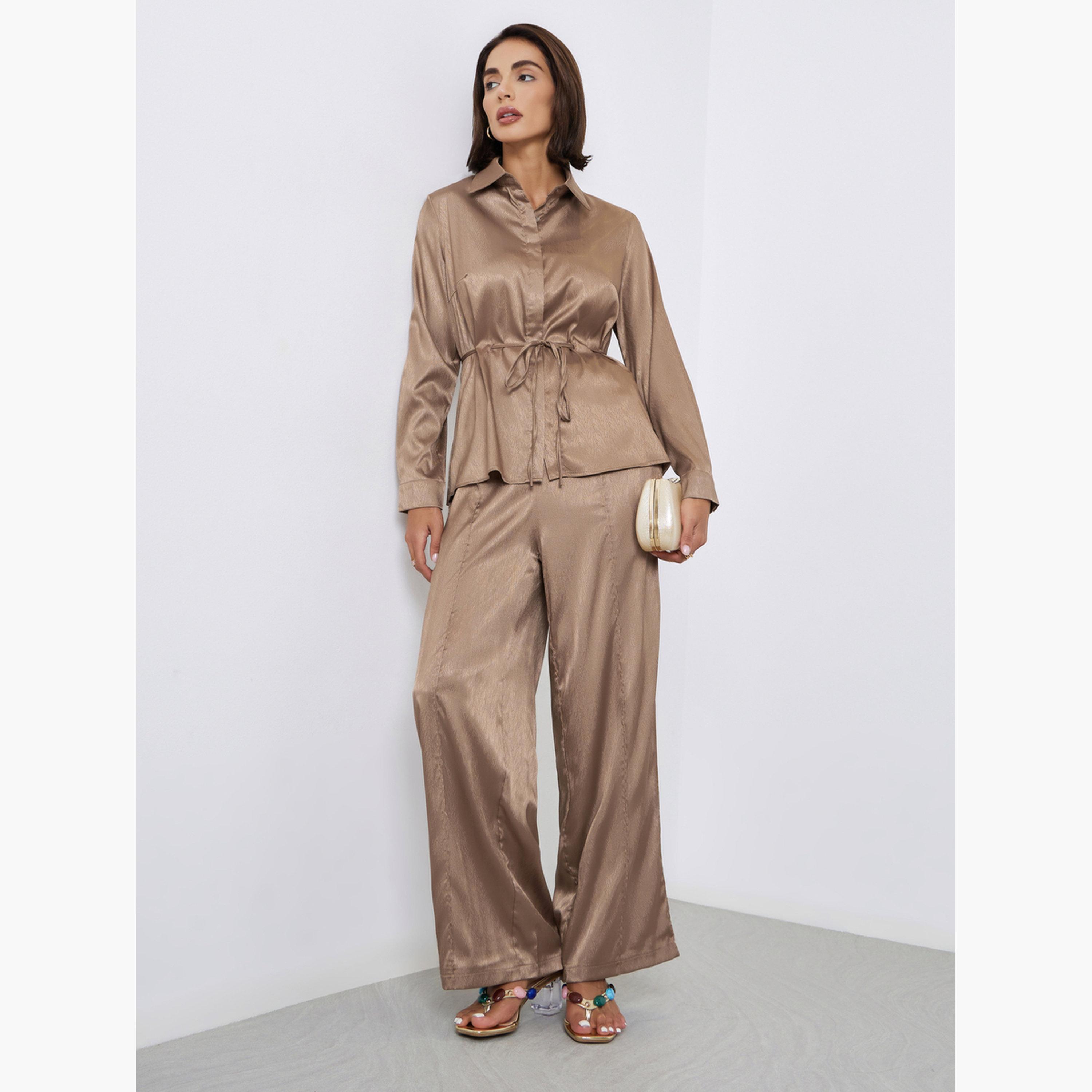 ستايلي - قميص ساتان جاكار بني مع خيط ربطة عنق-women-clothing-shirtsandblouses-shirts-image-2