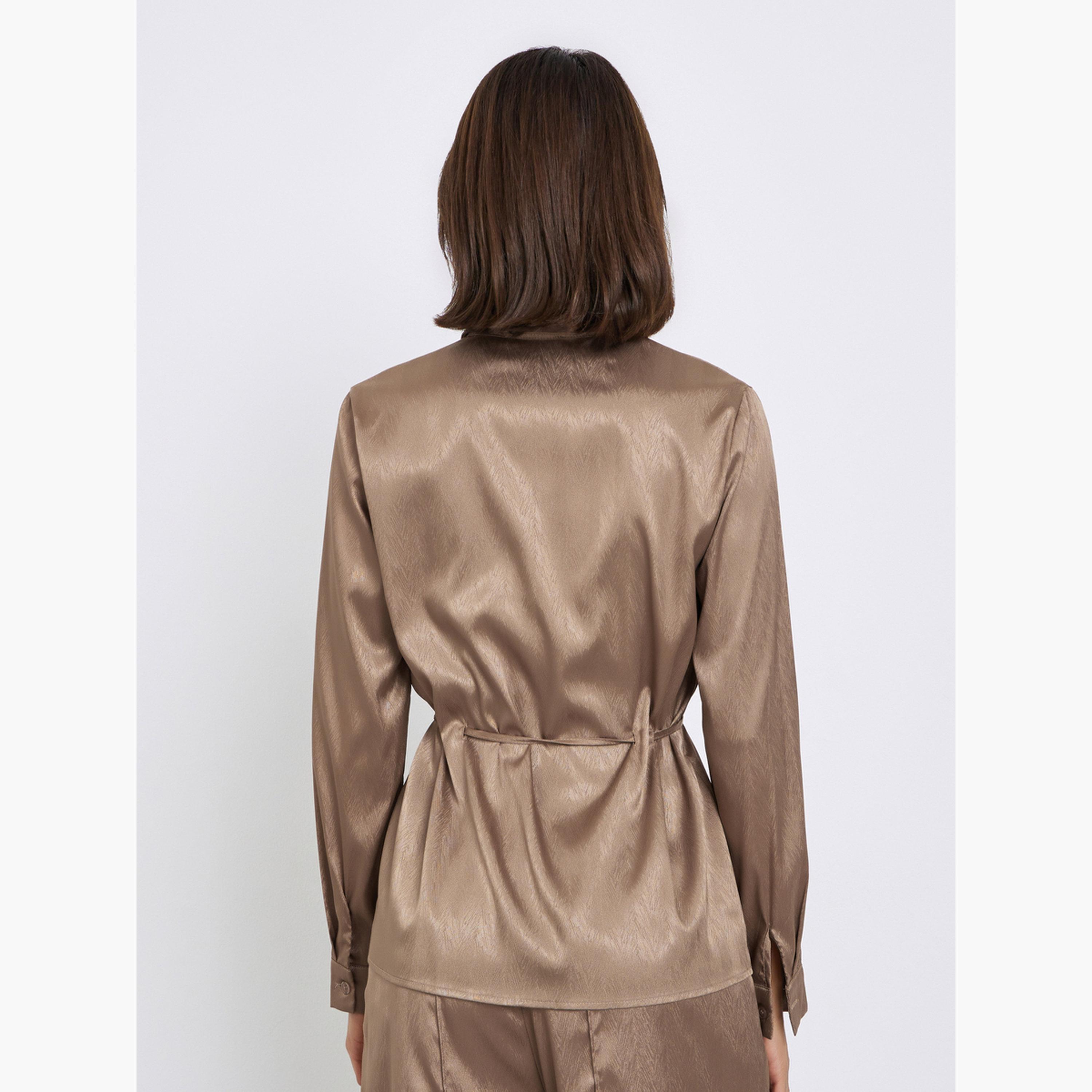 ستايلي - قميص ساتان جاكار بني مع خيط ربطة عنق-women-clothing-shirtsandblouses-shirts-image-3