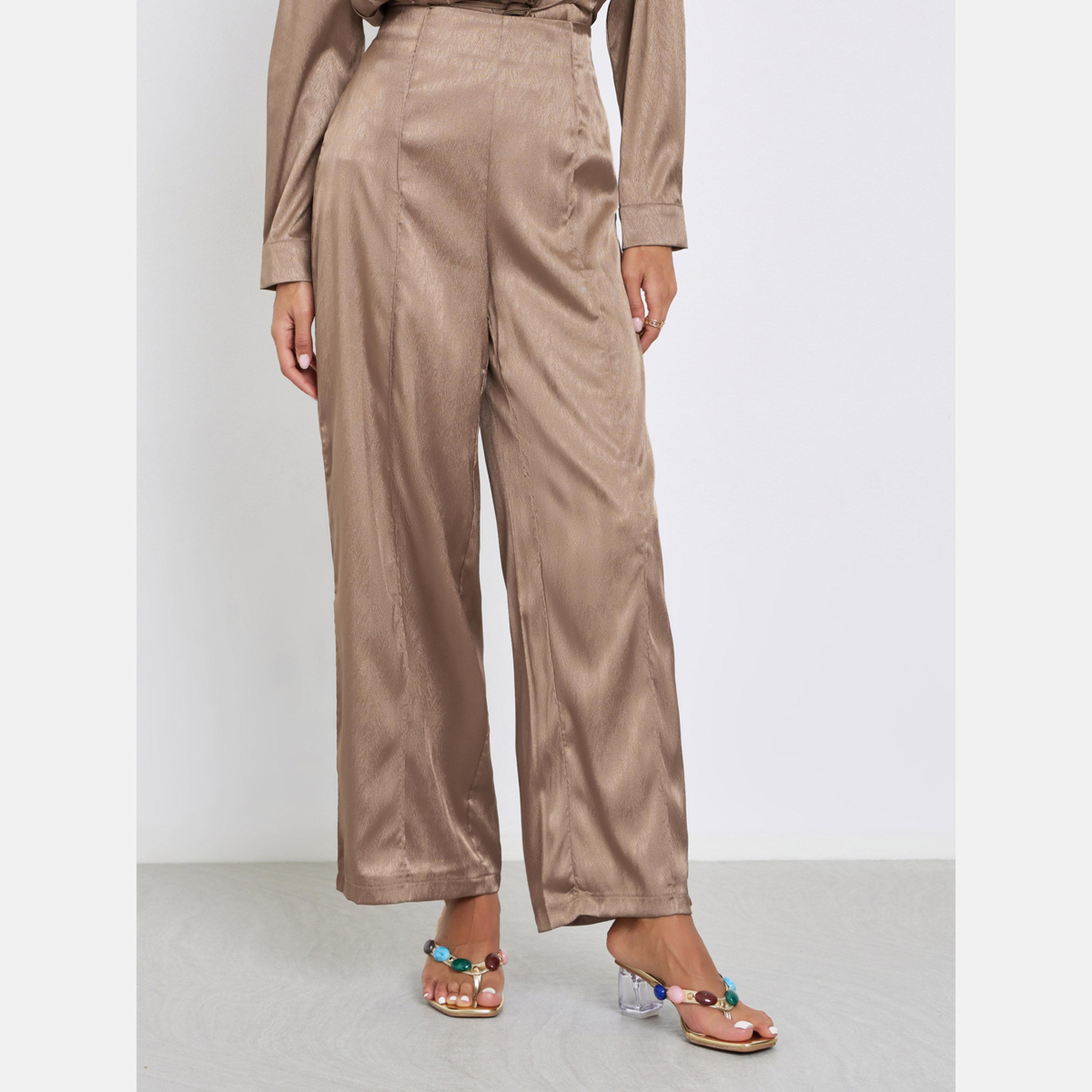 ستايلي - بنطال جاكار بني واسع الساق-women-clothing-bottoms-trousers-image-1