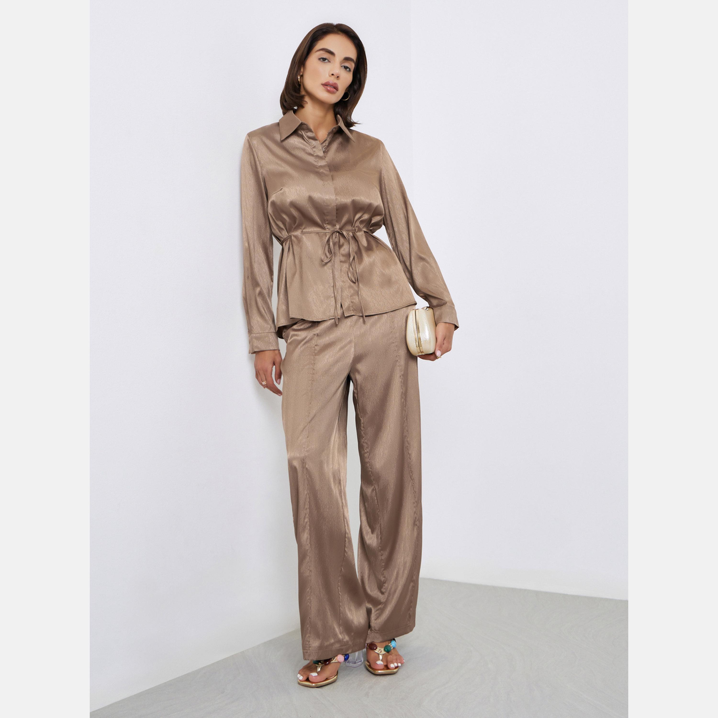 Styli Brown Jacquard Wide Leg Trousers-women-clothing-bottoms-trousers-image-2