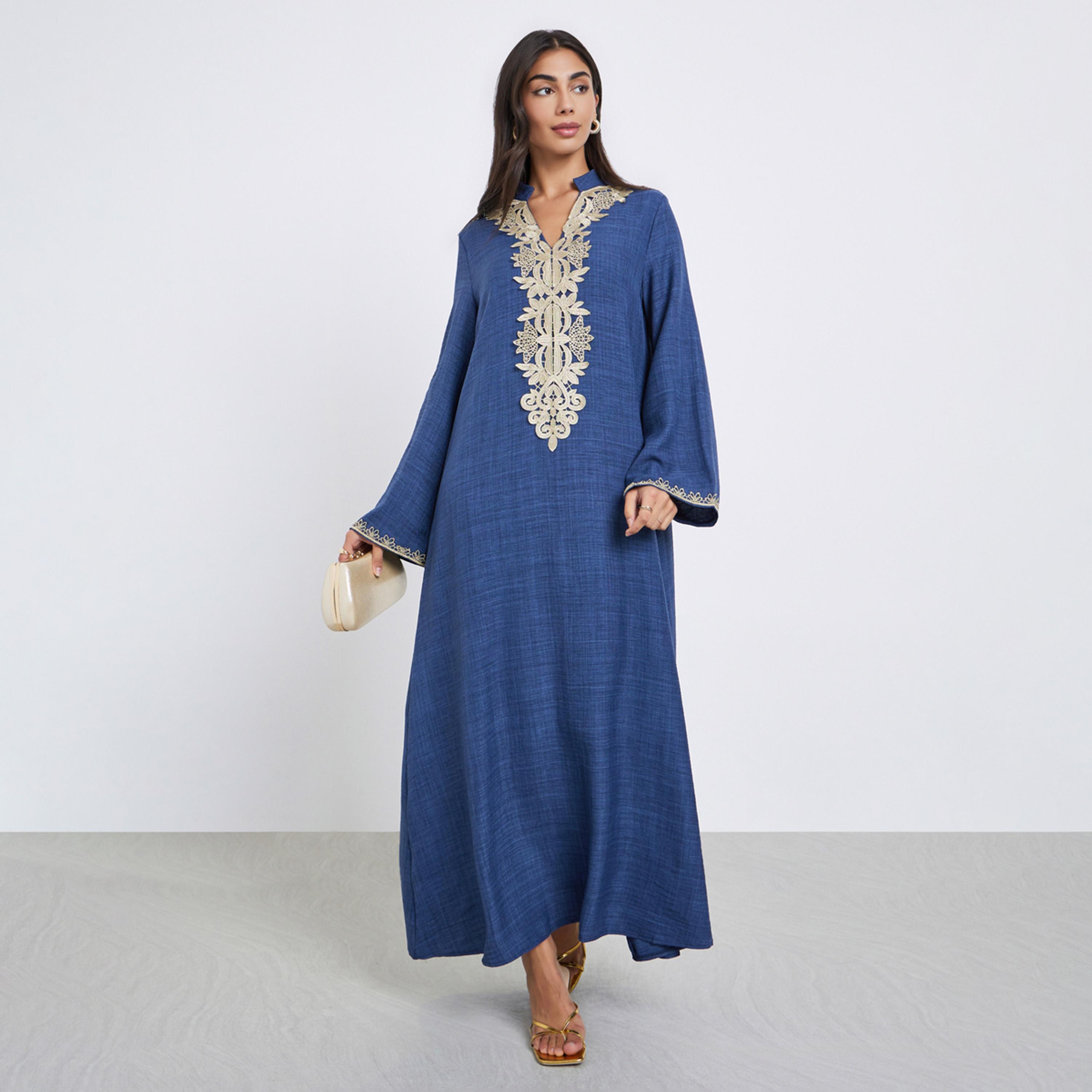 Amirah X Styli Blue Lace Trim Panel Jalabiya-women-arabicclothing-jalabiyas-image-1