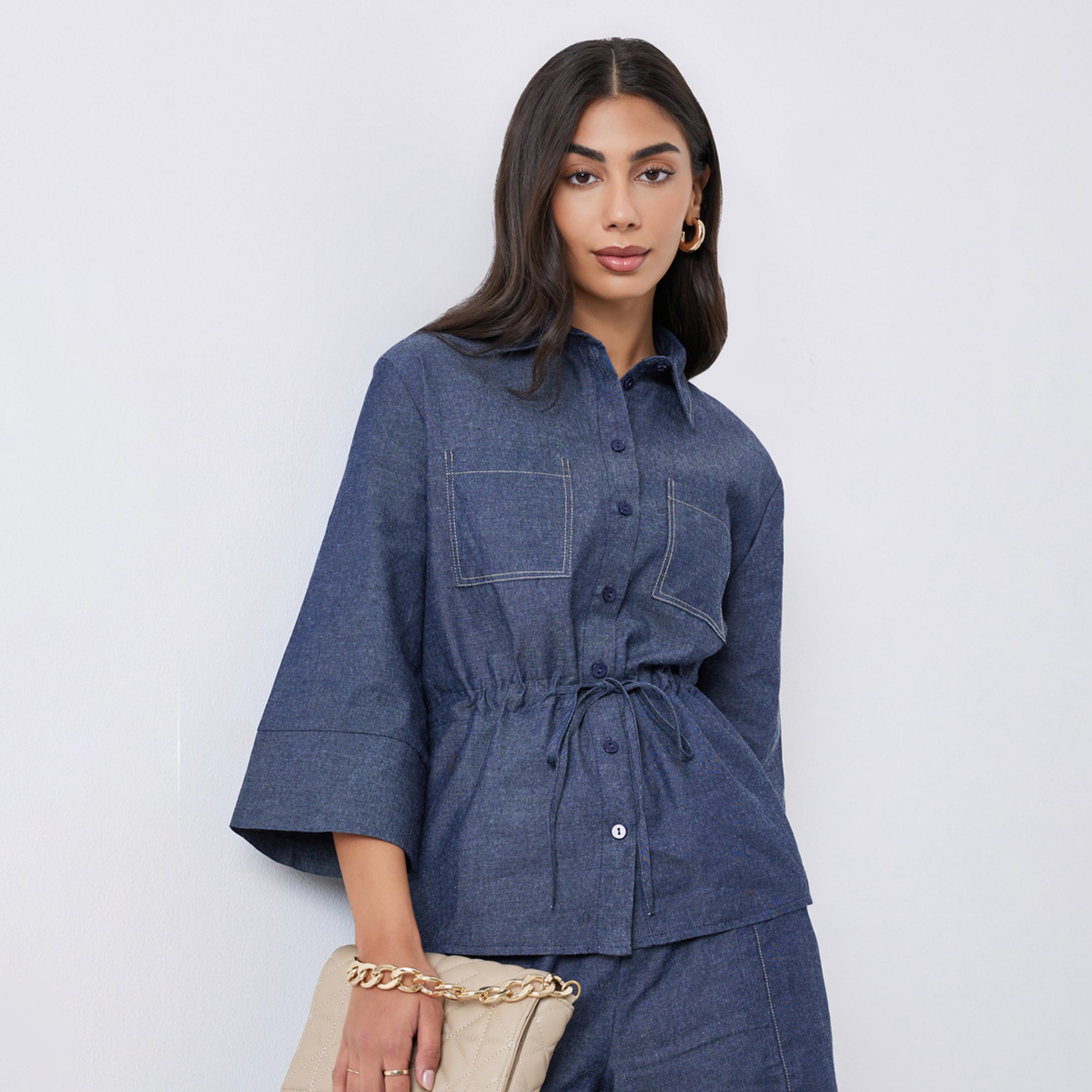 Styli Plain 3/4 Sleeve Denim Shirt with Drawcord Waist-women-clothing-shirtsandblouses-shirts-image-1