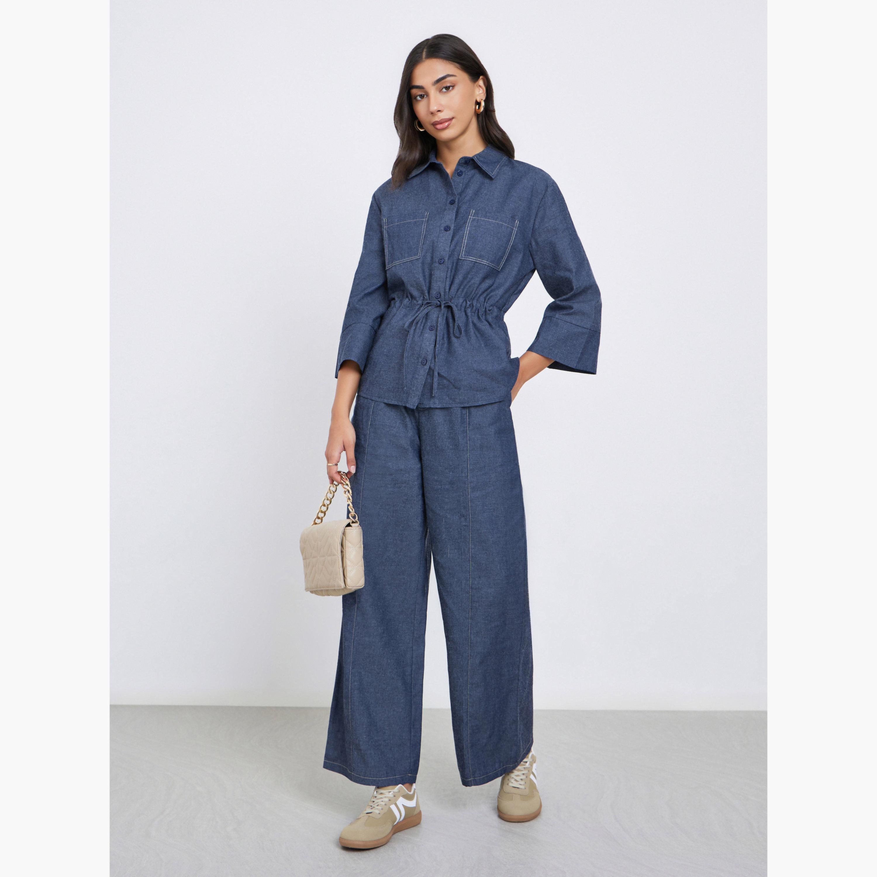 Styli Plain 3/4 Sleeve Denim Shirt with Drawcord Waist-women-clothing-shirtsandblouses-shirts-image-2