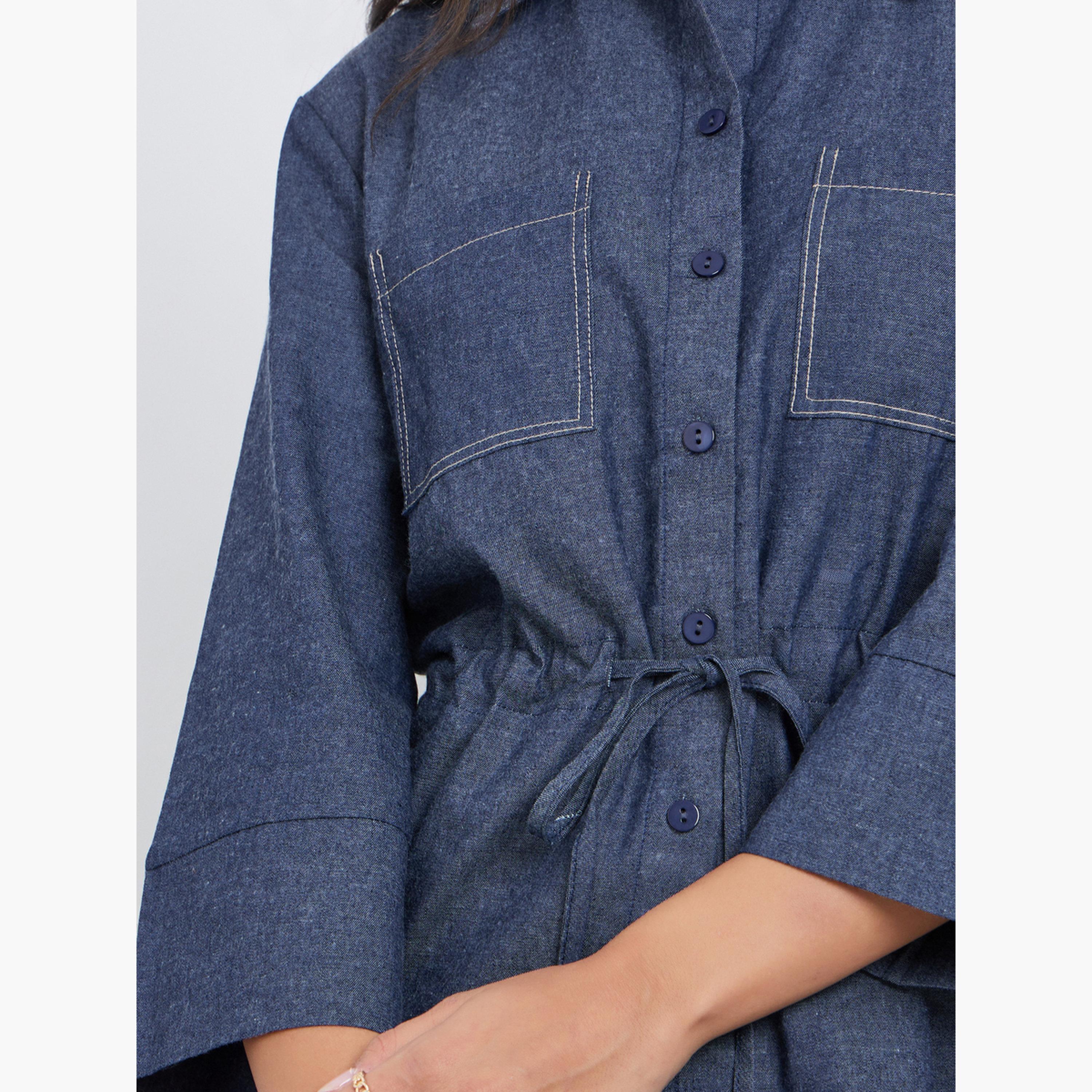 Styli Plain 3/4 Sleeve Denim Shirt with Drawcord Waist-women-clothing-shirtsandblouses-shirts-image-3