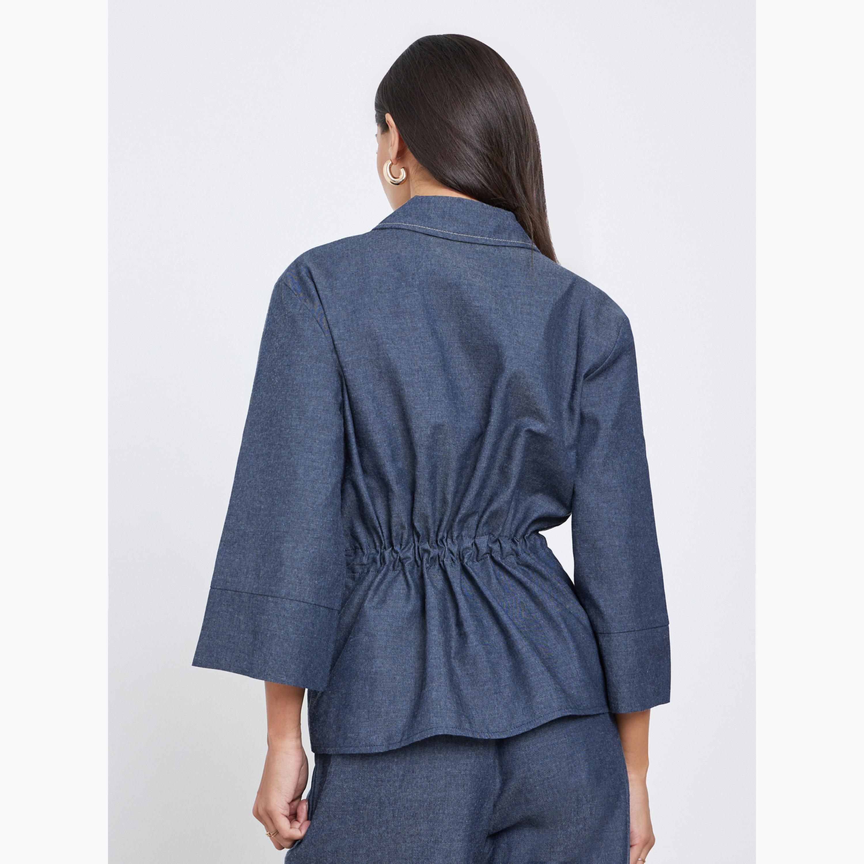 ستايلي - قميص جينز سادة بأكمام 3/4 وخصر برباط-women-clothing-shirtsandblouses-shirts-image-4