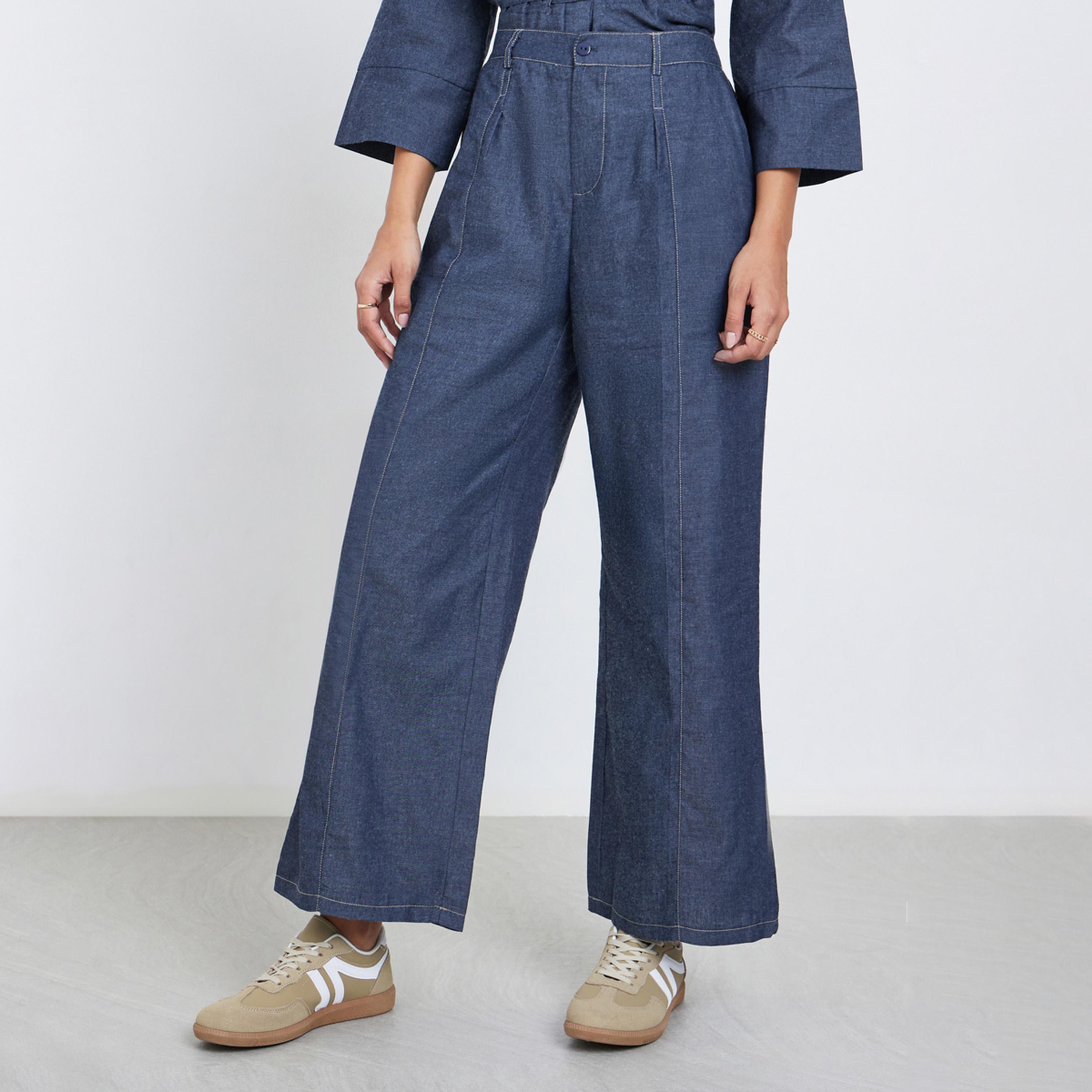 Styli Dark Blue Plain Wide Leg Pants with Belt Loops-women-clothing-bottoms-trousers-image-1