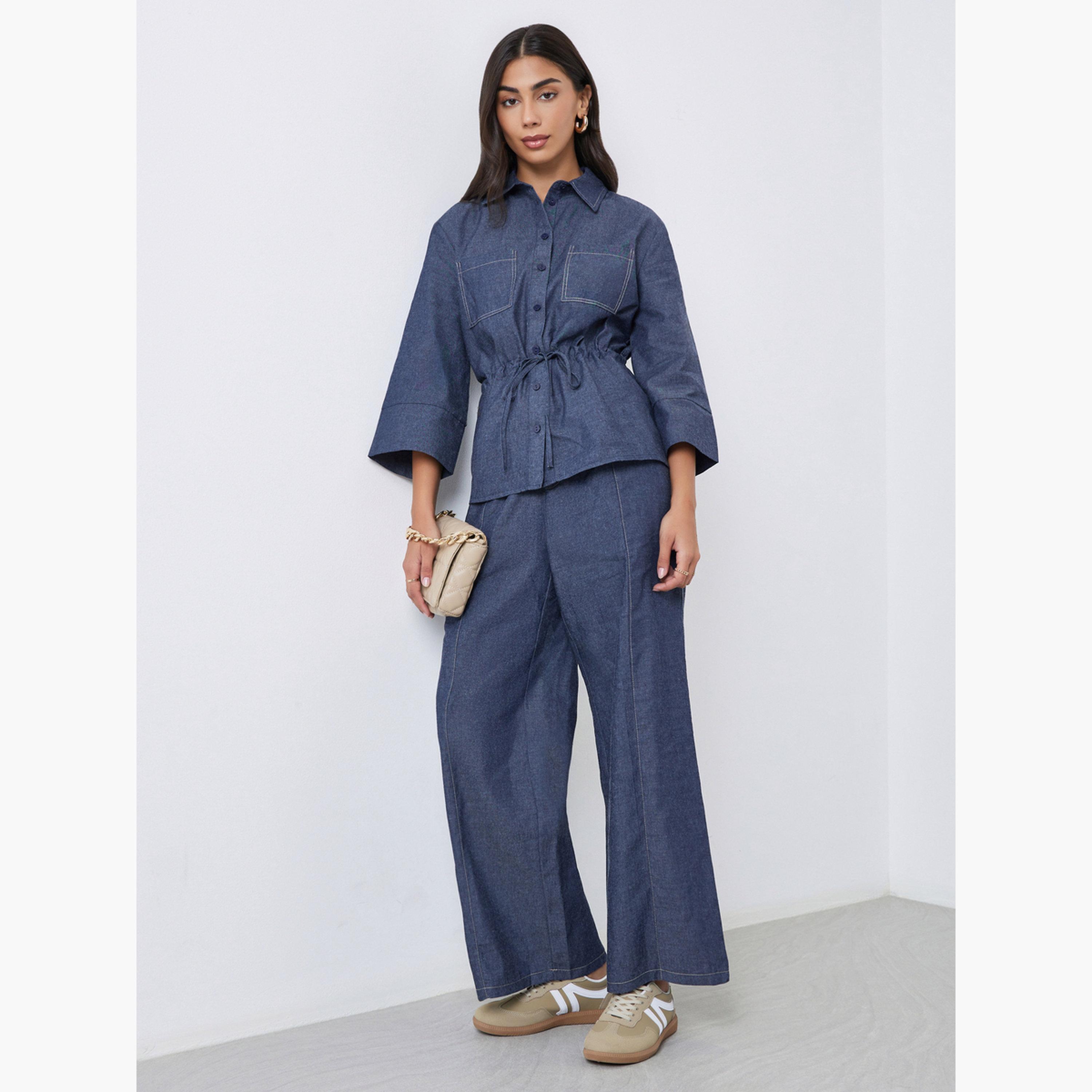 ستايلي - بنطال واسع الساق بلون أزرق داكن مع حلقات للحزام-women-clothing-bottoms-trousers-image-2