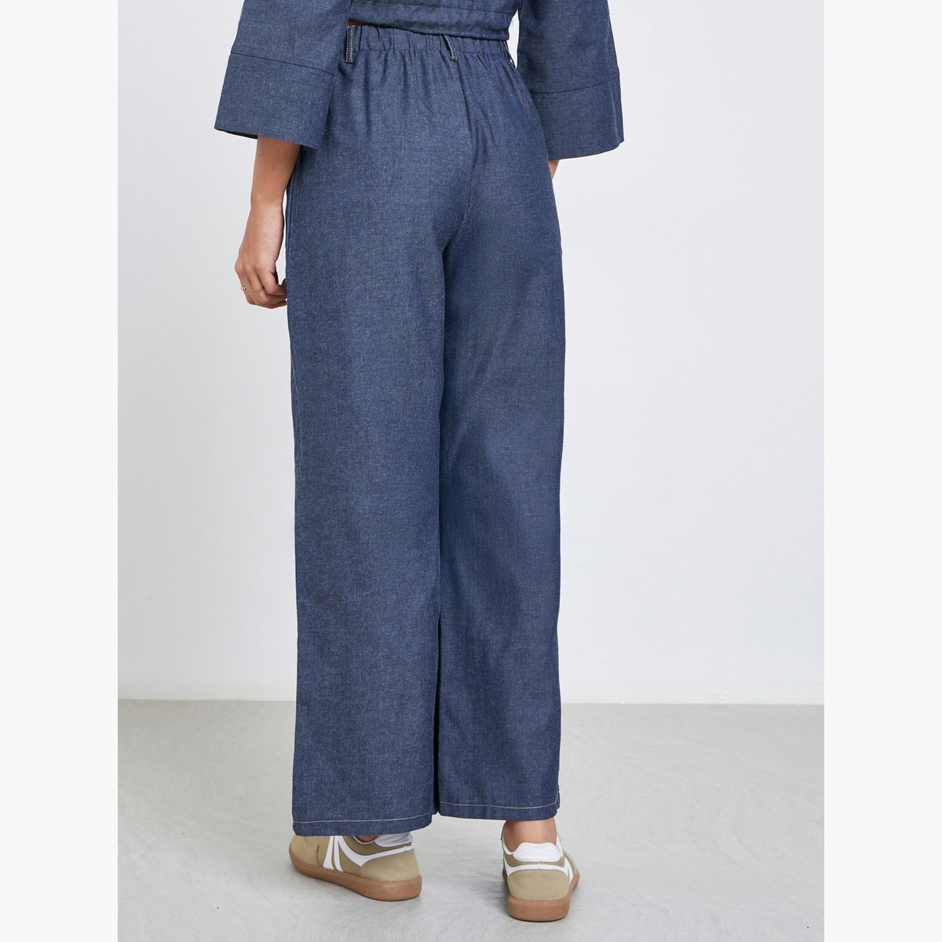 ستايلي - بنطال واسع الساق بلون أزرق داكن مع حلقات للحزام-women-clothing-bottoms-trousers-image-3