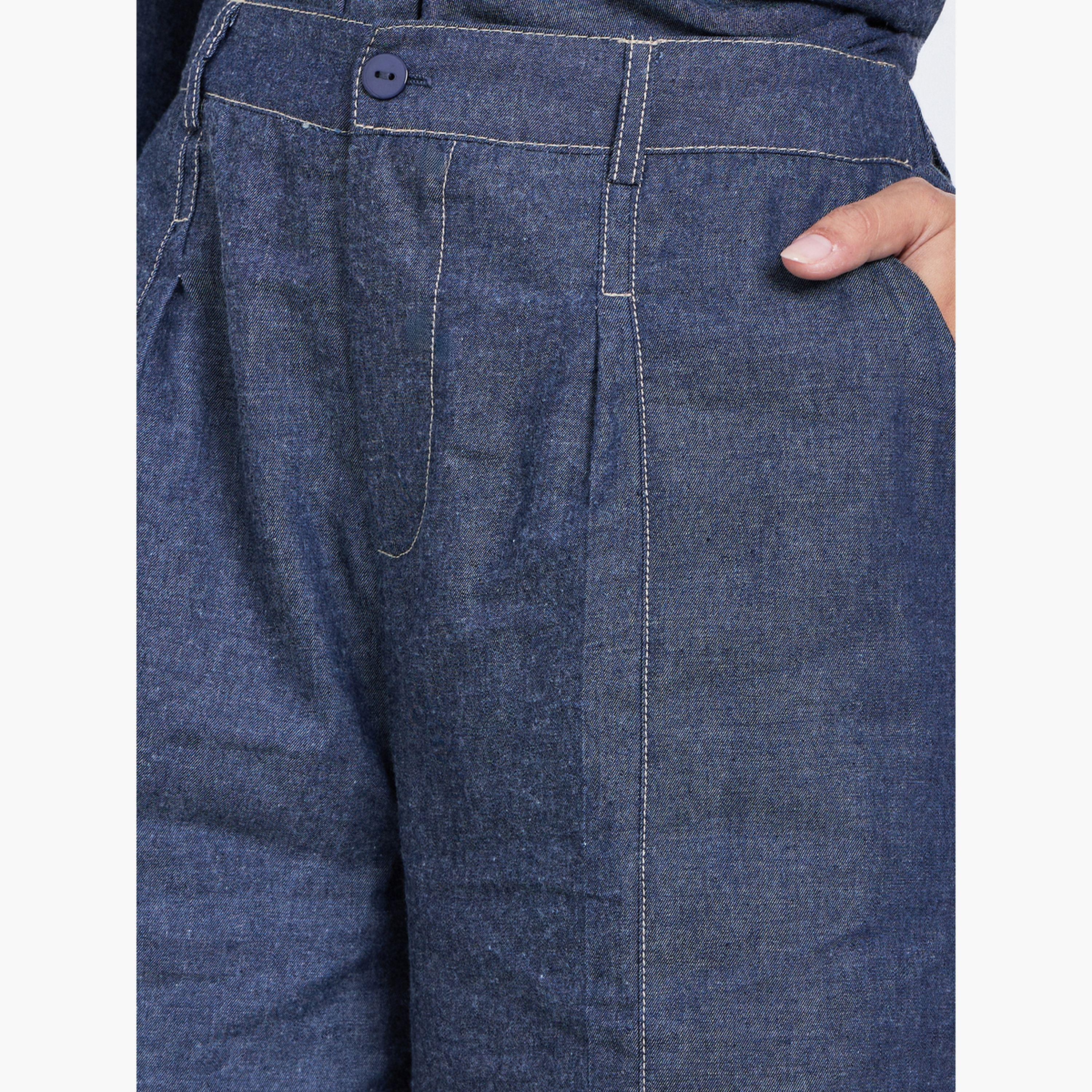 ستايلي - بنطال واسع الساق بلون أزرق داكن مع حلقات للحزام-women-clothing-bottoms-trousers-image-4