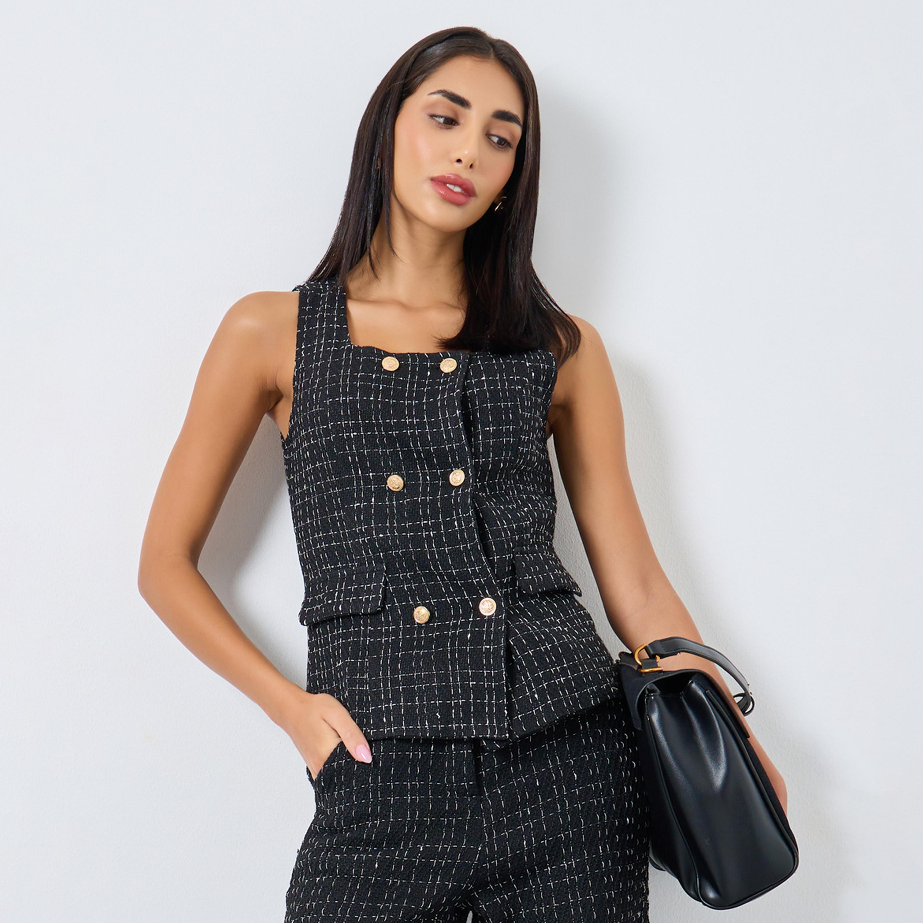 ستايلي - سترة سوداء من التويد برقبة مربعة-women-clothing-shirtsandblouses-blouses-image-1