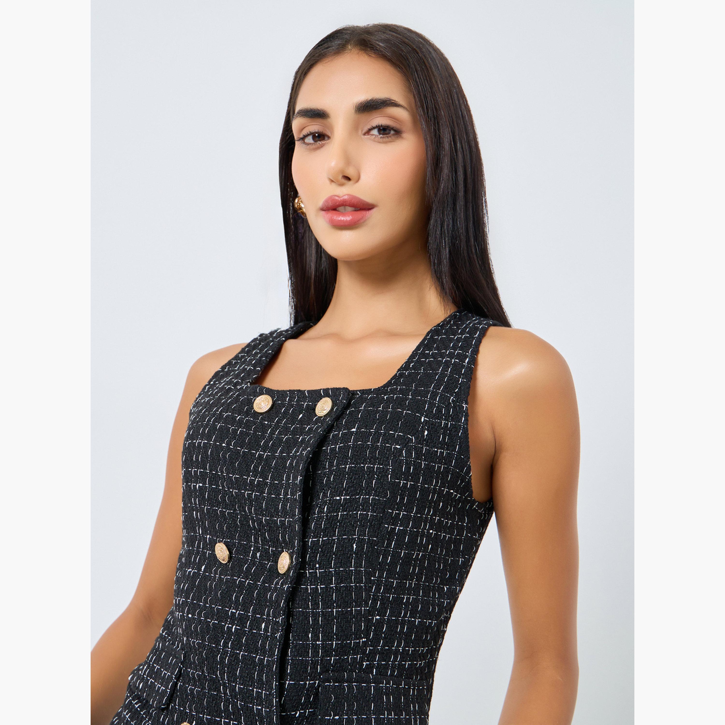 Styli Black Tweed Square Neck Waistcoat-women-clothing-shirtsandblouses-blouses-image-3