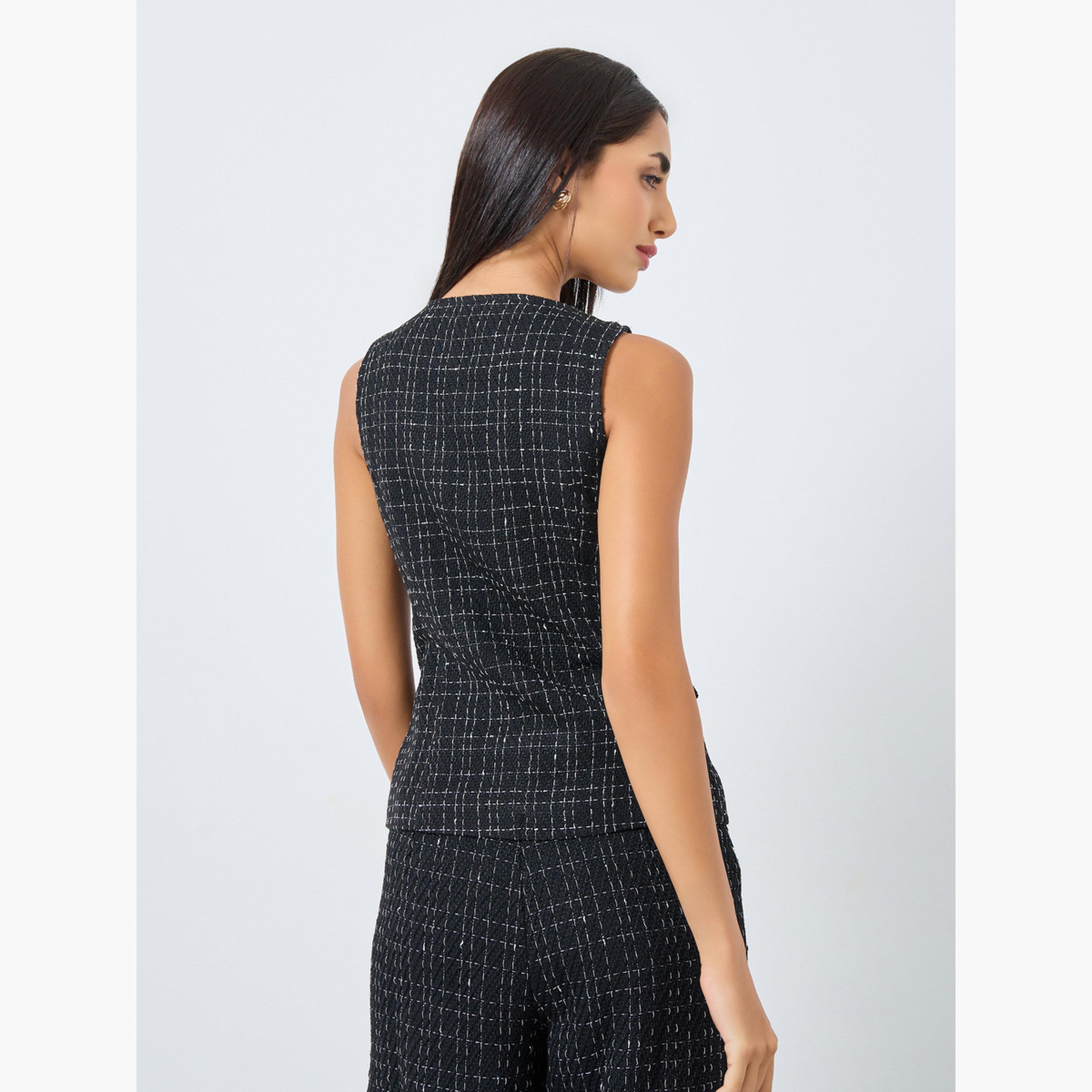 Styli Black Tweed Square Neck Waistcoat-women-clothing-shirtsandblouses-blouses-image-4