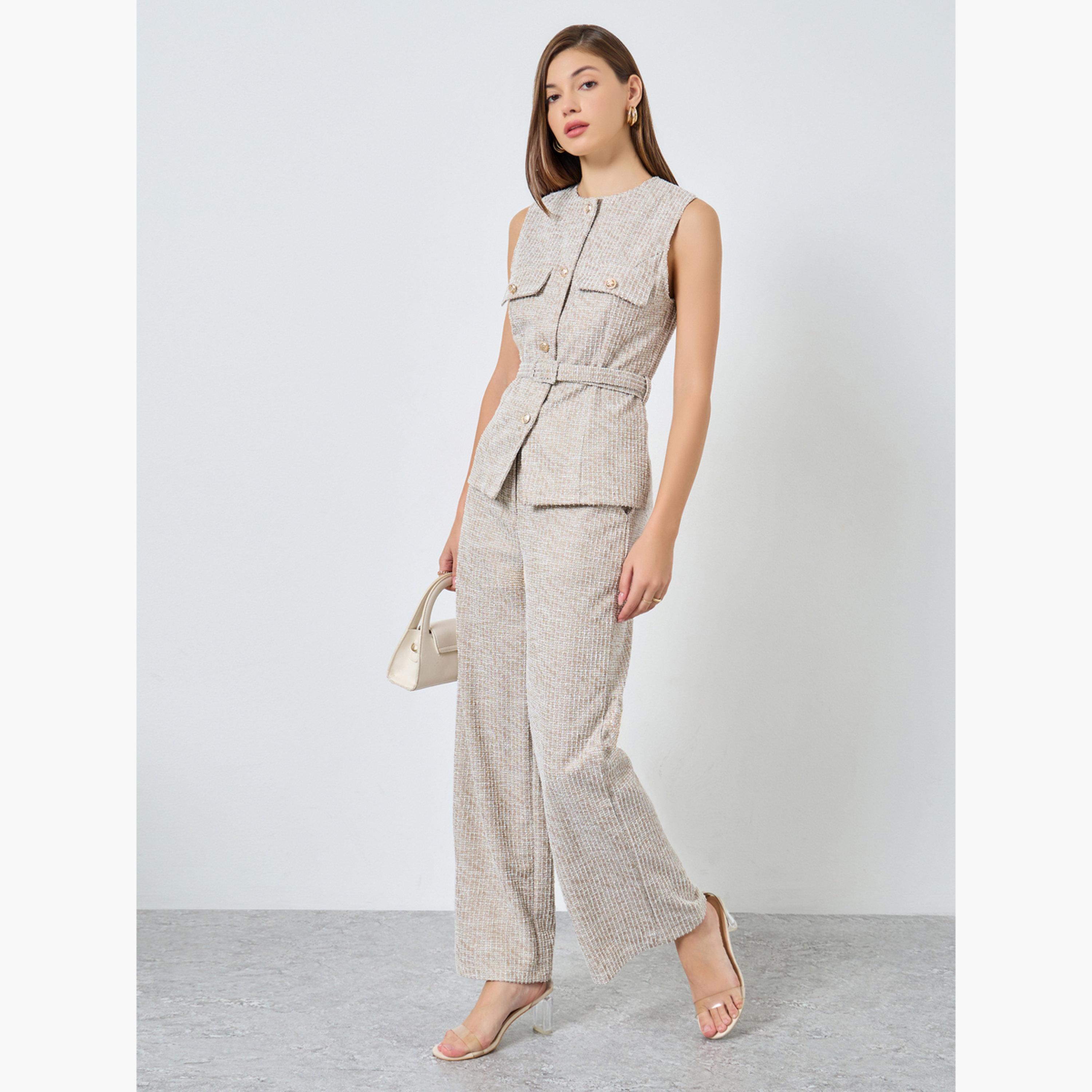 ستايلي - سترة من التويد البيج بحزام وتفاصيل قلابة-women-clothing-shirtsandblouses-blouses-image-2