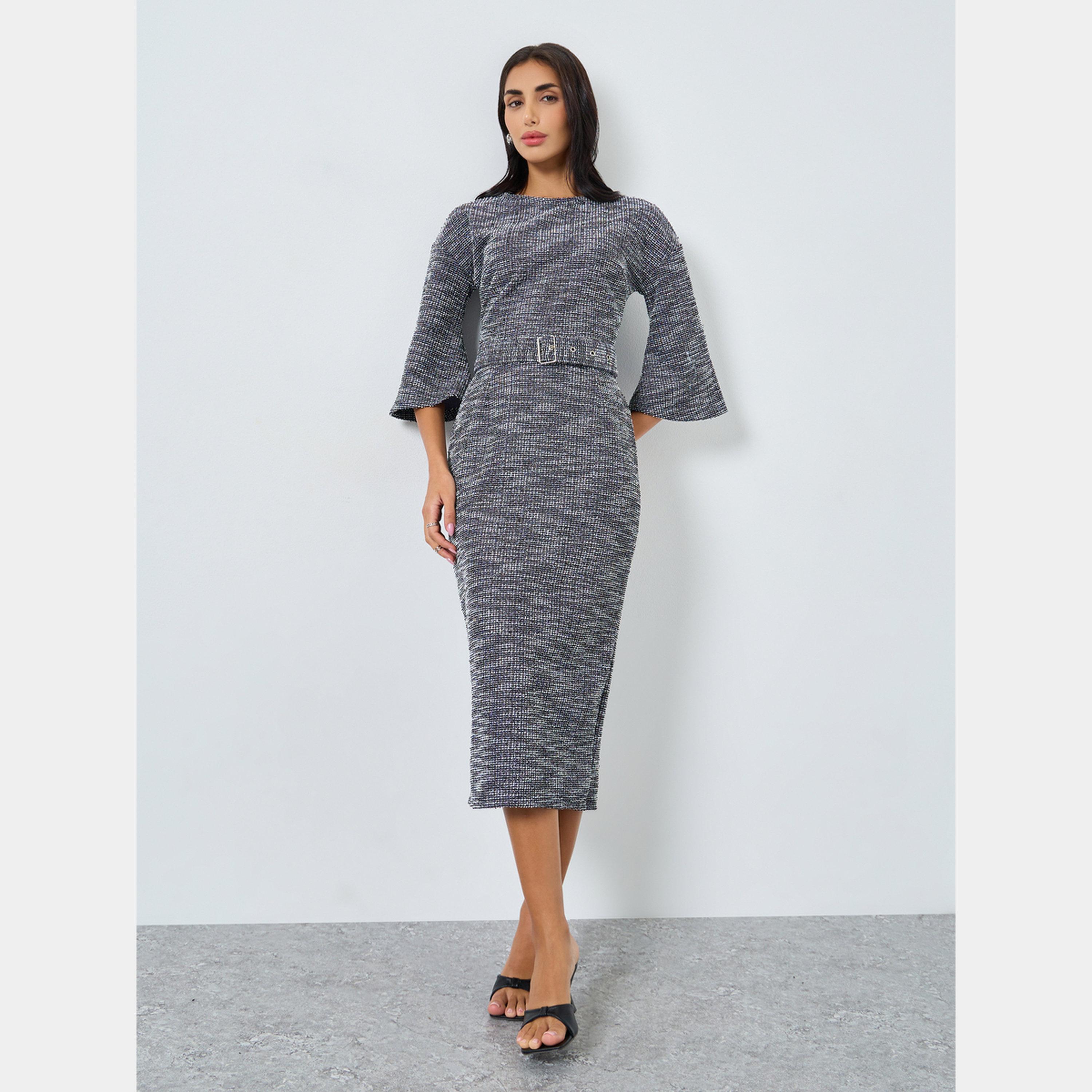 ستايلي - فستان نسائي متوسط ​​الطول من التويد برقبة على شكل قارب وأكمام جرس وحزام-women-clothing-dresses-image-1