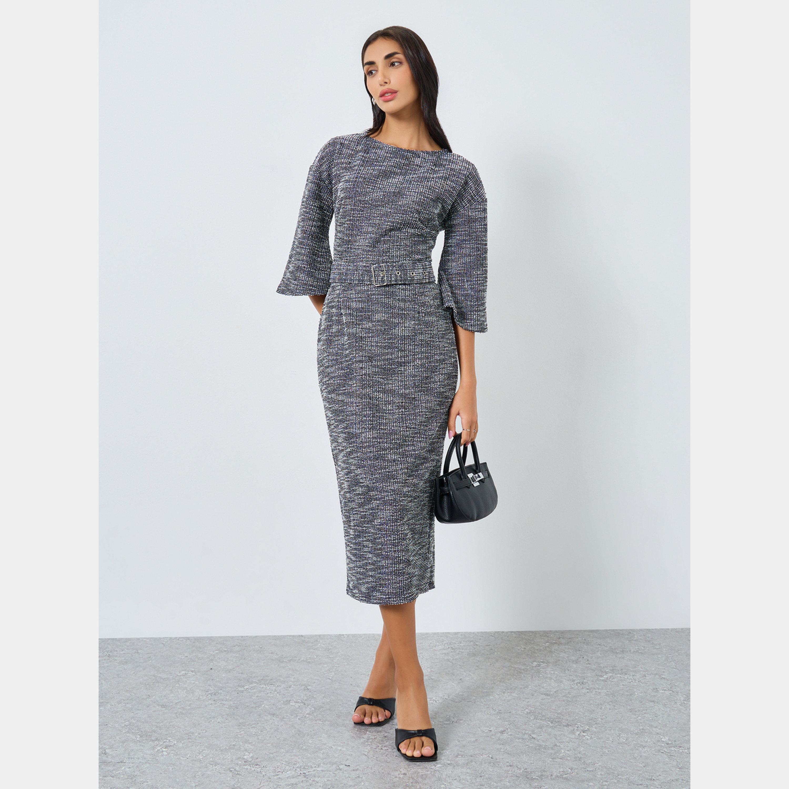 ستايلي - فستان نسائي متوسط ​​الطول من التويد برقبة على شكل قارب وأكمام جرس وحزام-women-clothing-dresses-image-2