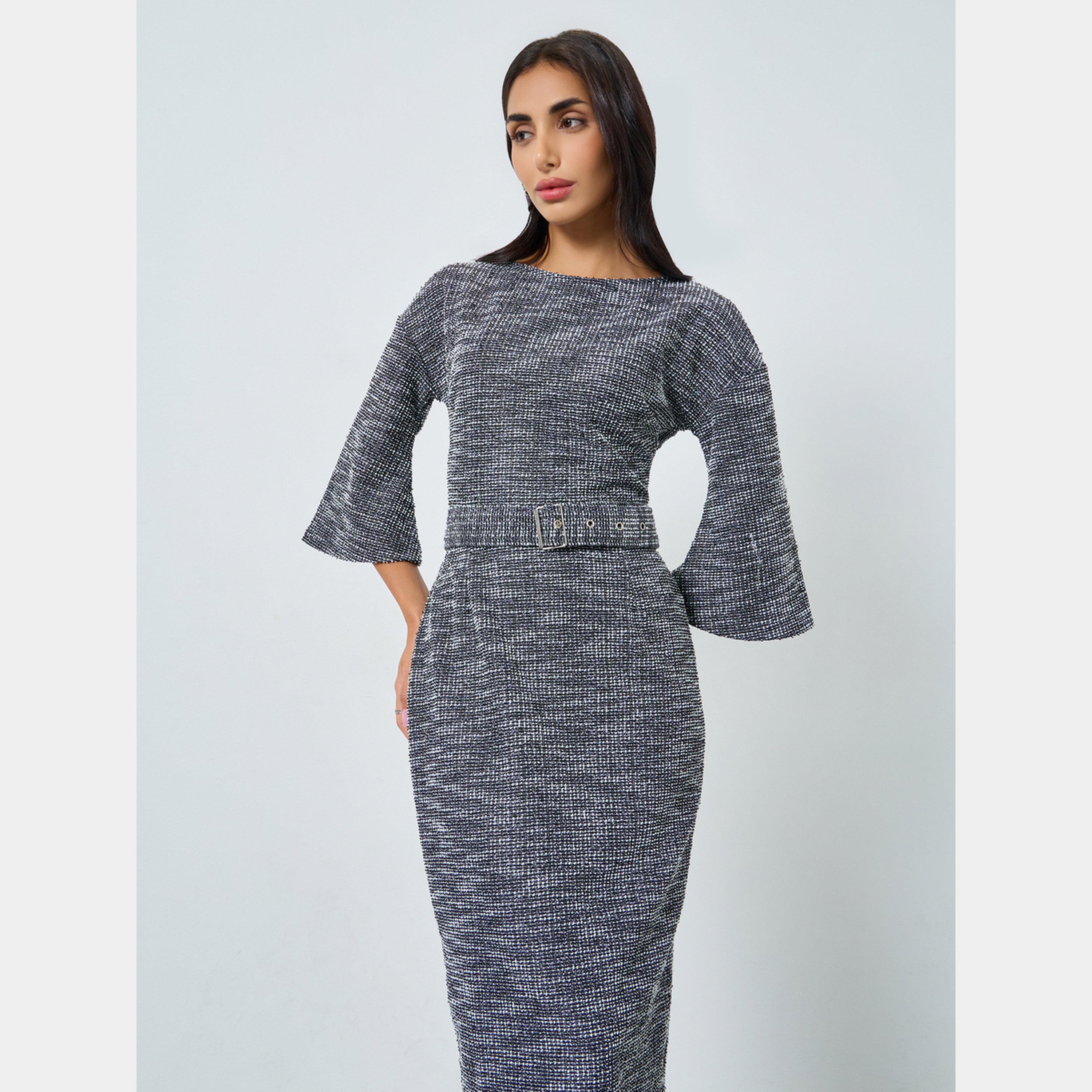 ستايلي - فستان نسائي متوسط ​​الطول من التويد برقبة على شكل قارب وأكمام جرس وحزام-women-clothing-dresses-image-3