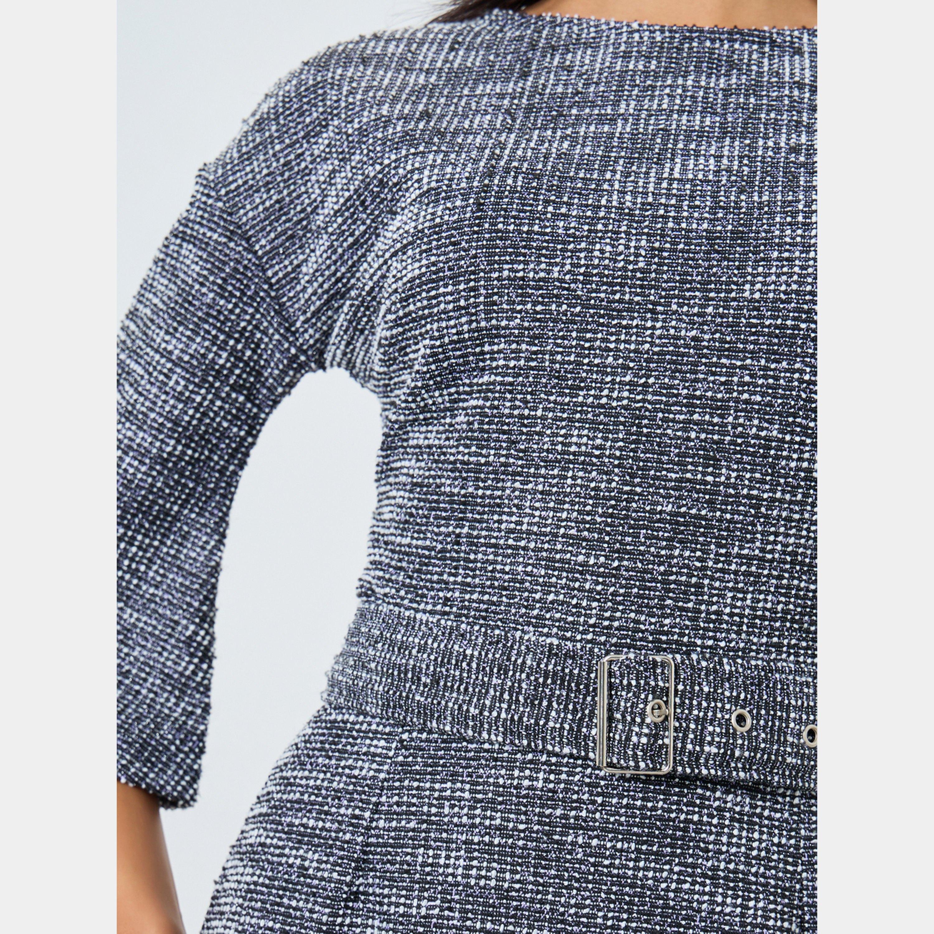 ستايلي - فستان نسائي متوسط ​​الطول من التويد برقبة على شكل قارب وأكمام جرس وحزام-women-clothing-dresses-image-4