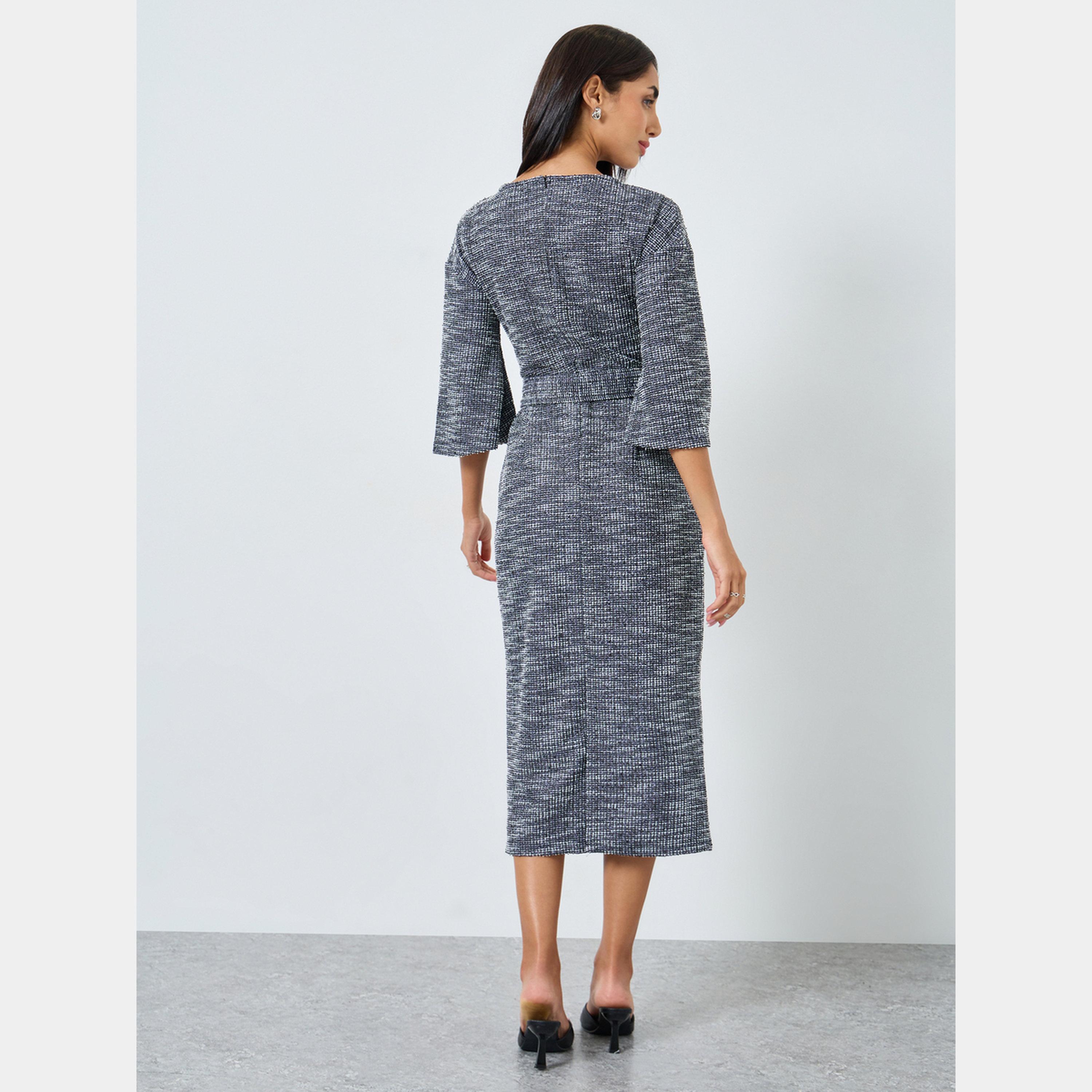ستايلي - فستان نسائي متوسط ​​الطول من التويد برقبة على شكل قارب وأكمام جرس وحزام-women-clothing-dresses-image-5