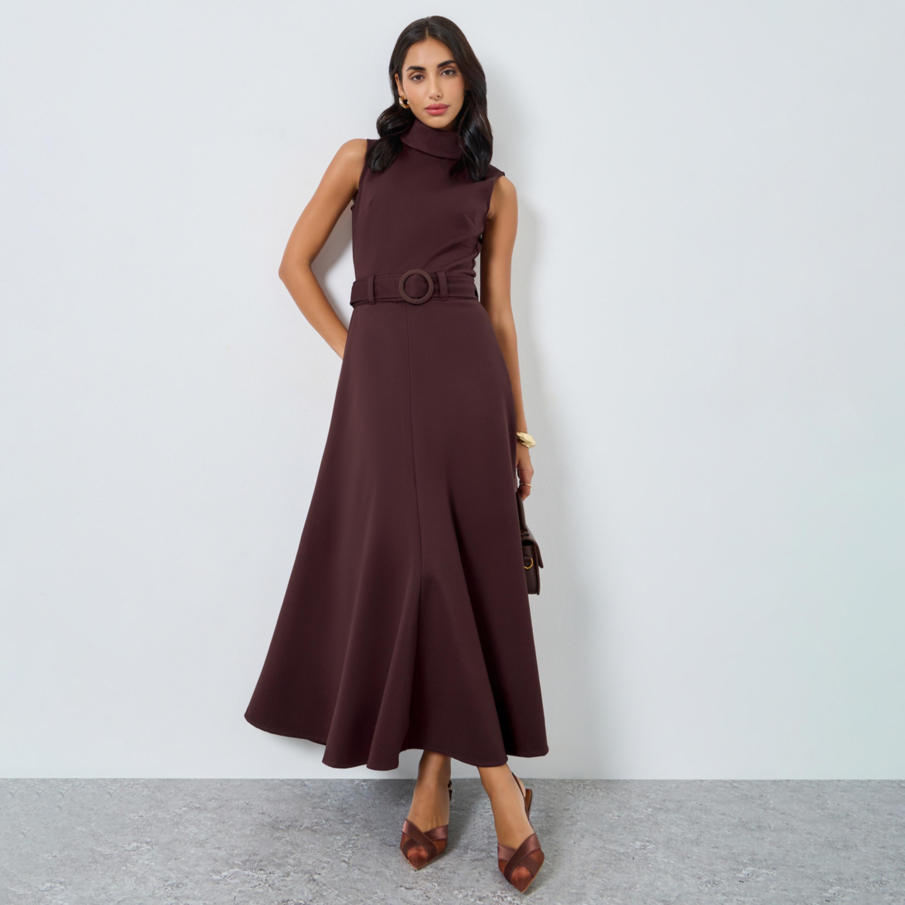 Styli Brown Sleeveless A-Line Maxi Dress-women-clothing-dresses-image-1