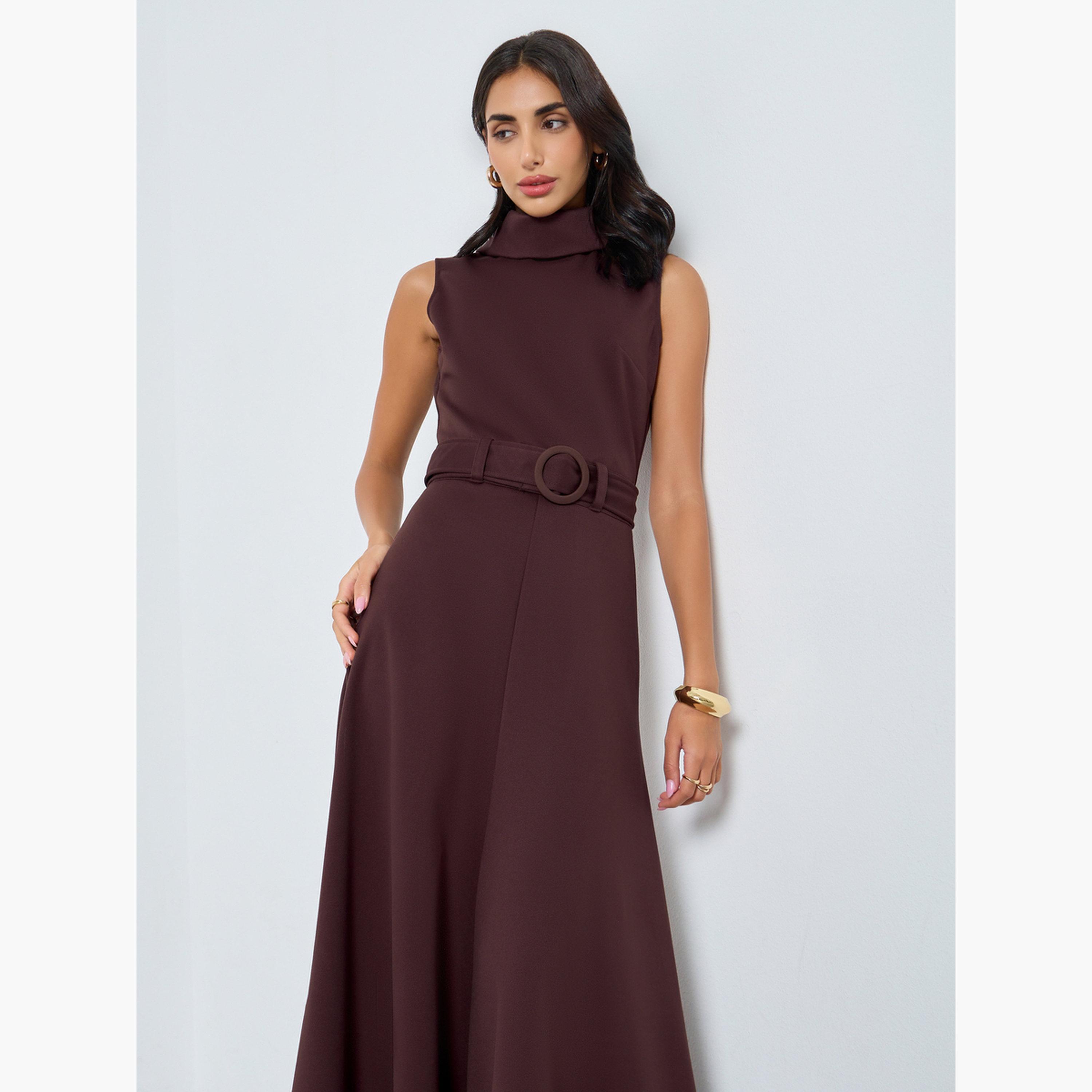 Styli Brown Sleeveless A-Line Maxi Dress-women-clothing-dresses-image-2