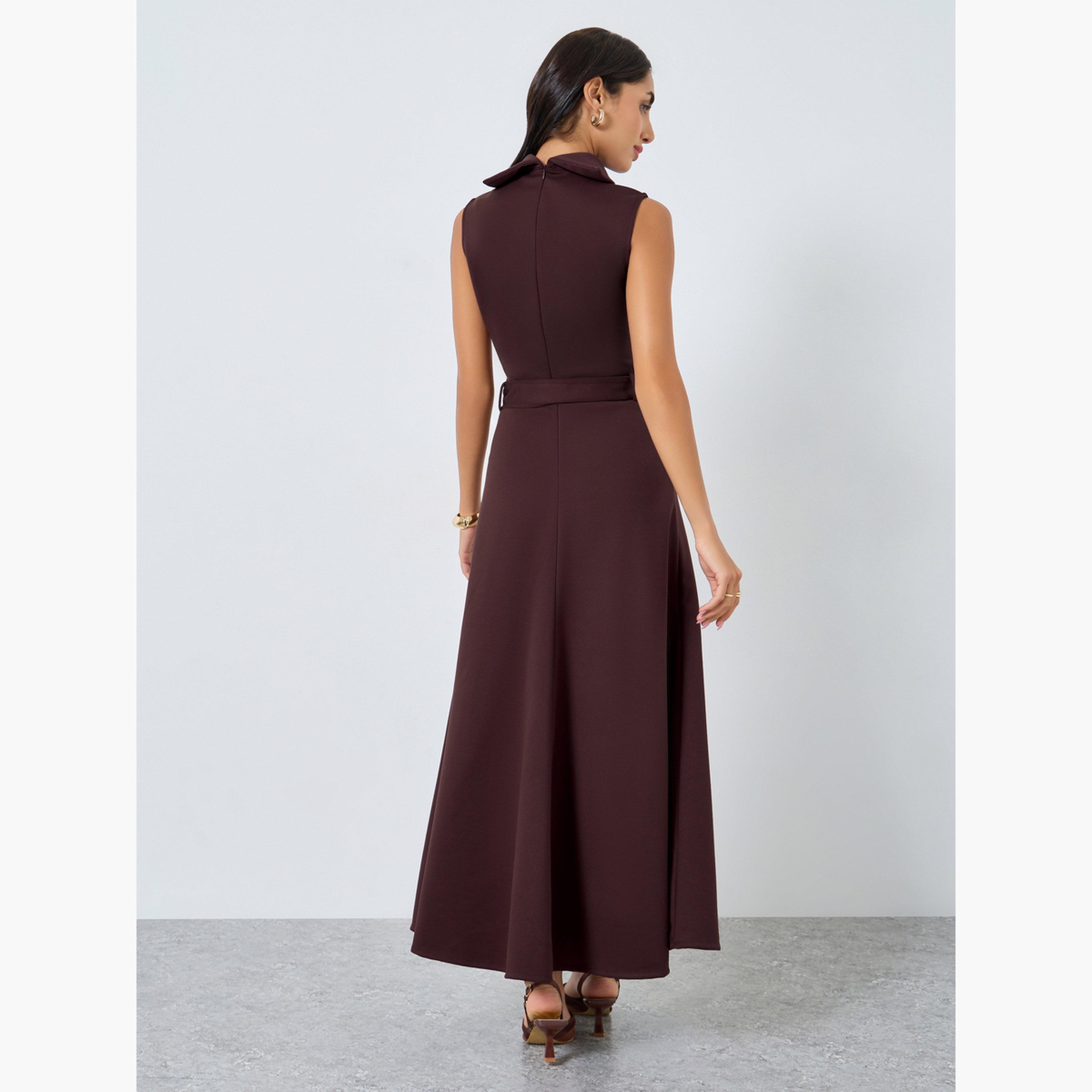 ستايلي - فستان ماكسي بني بدون أكمام بتصميم A-women-clothing-dresses-image-4