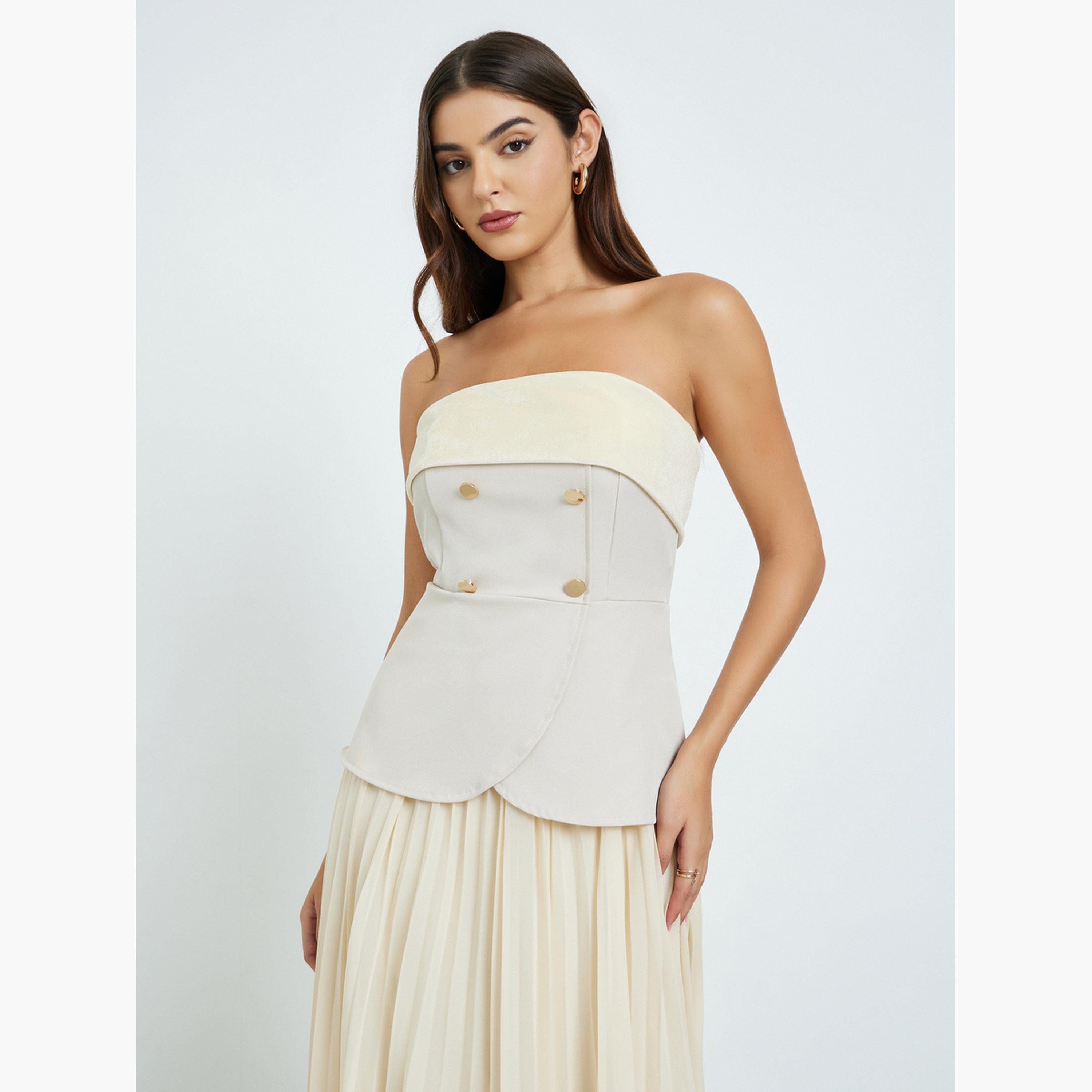 Styli Women Beige Bandeau Neck Pleated Maxi Dress-women-clothing-dresses-image-3