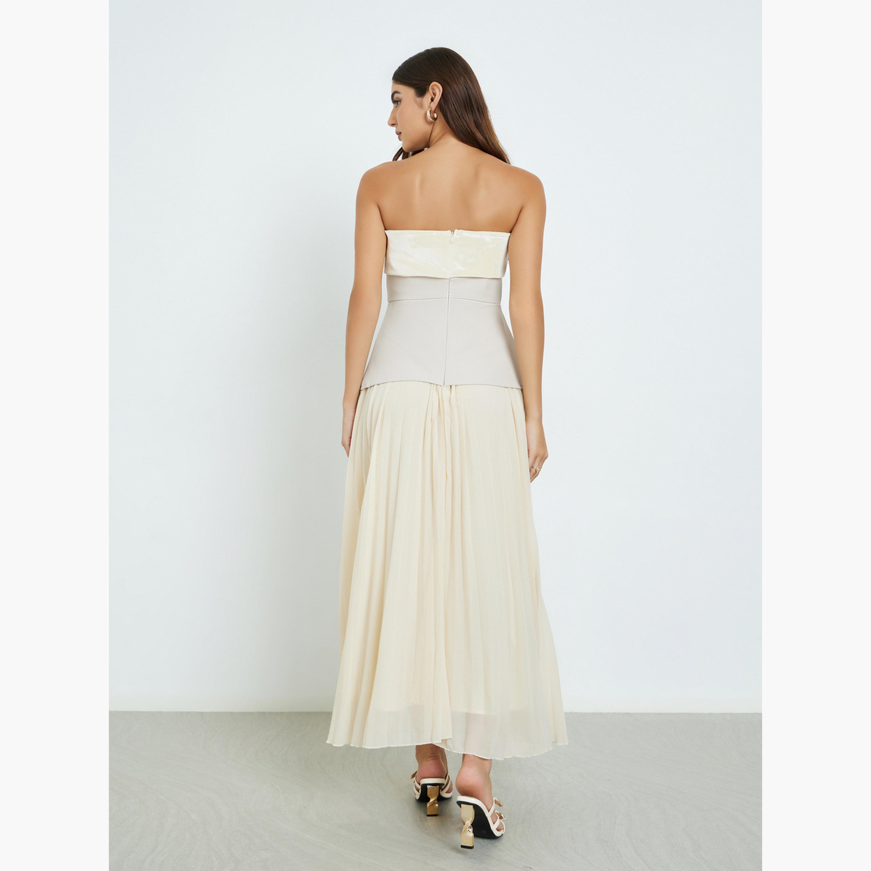 Styli Women Beige Bandeau Neck Pleated Maxi Dress-women-clothing-dresses-image-5