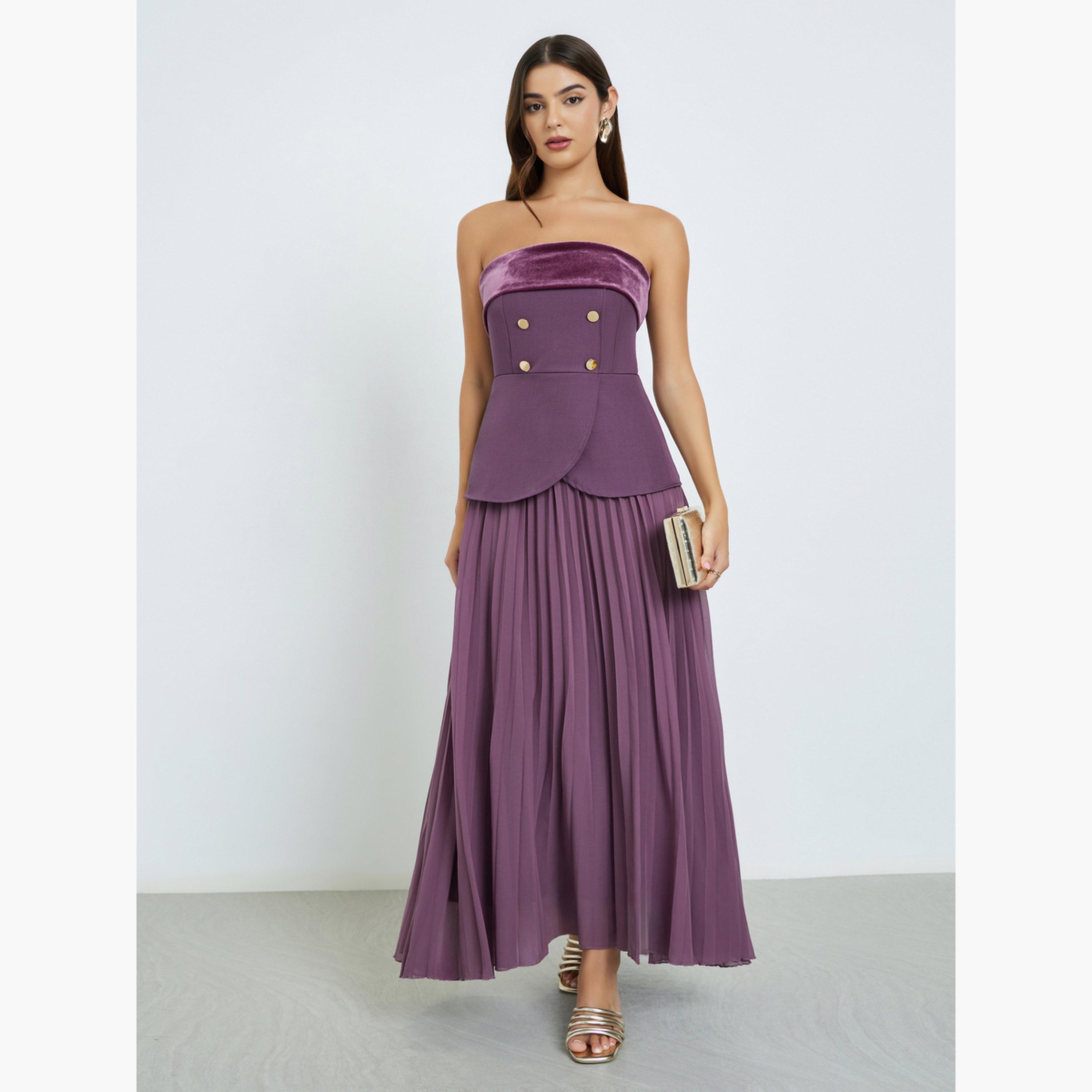 ستايلي - فستان ماكسي أرجواني بفتحة رقبة على شكل شريط ومطوي للنساء-women-clothing-dresses-image-1